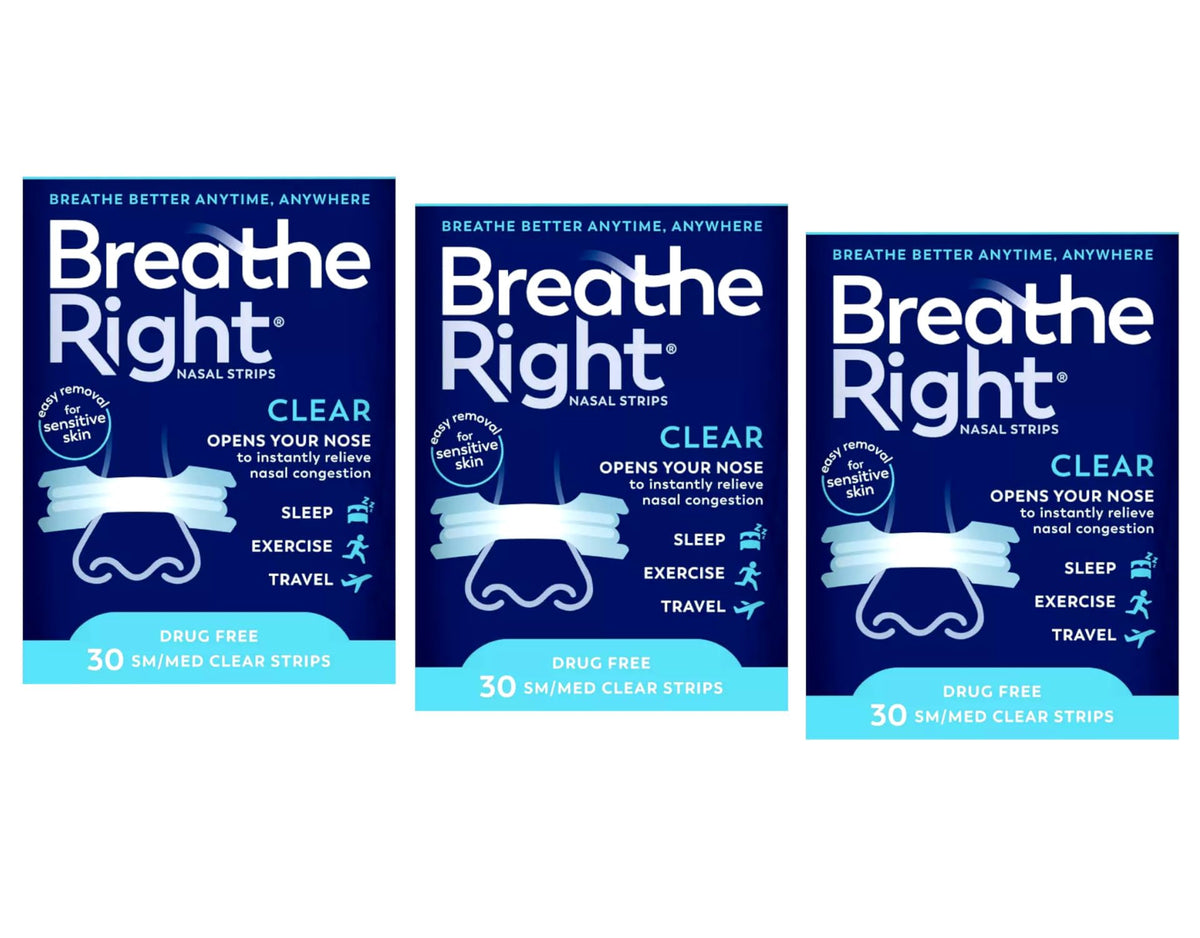 Tiras nasales Breathe Right transparentes para mejorar el flujo de aire durante la noche.