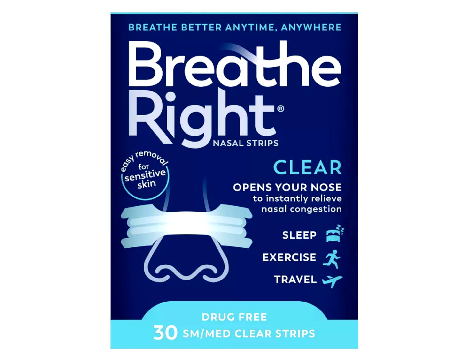 Tiras nasales Breathe Right colocadas con comodidad discreta para dormir sin molestias.