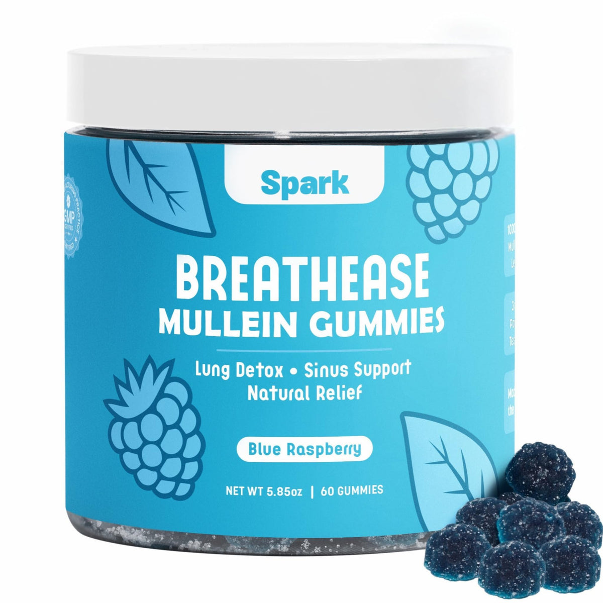 BreathEase gummies con gordolobo y hoja, apoyo al bienestar respiratorio diario.