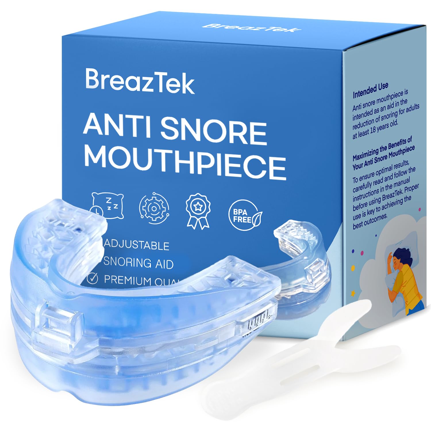 BreazTek pieza bucal anti ronquidos con ajuste personalizado para un descanso más cómodo.