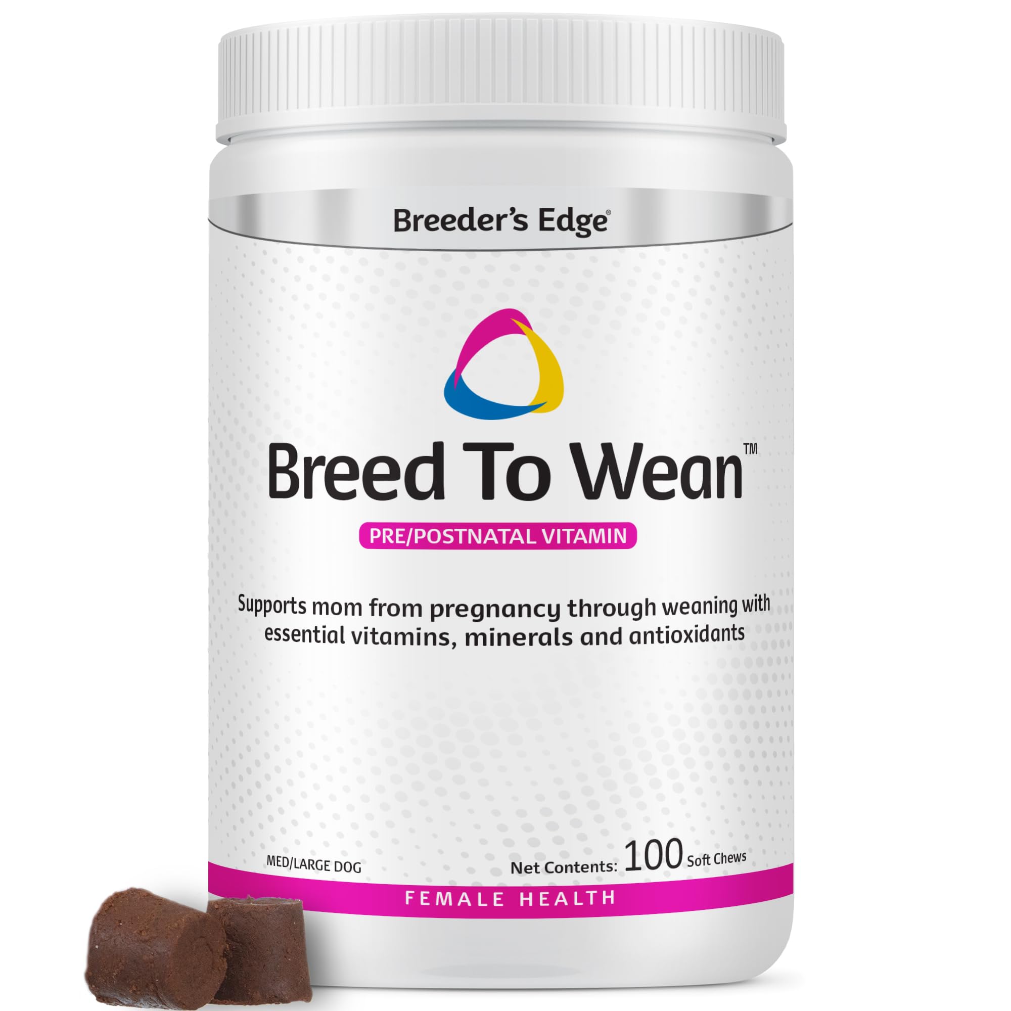 Breeder’s Edge Breed to Wean botella frontal: apoyo nutricional para madres gestantes.