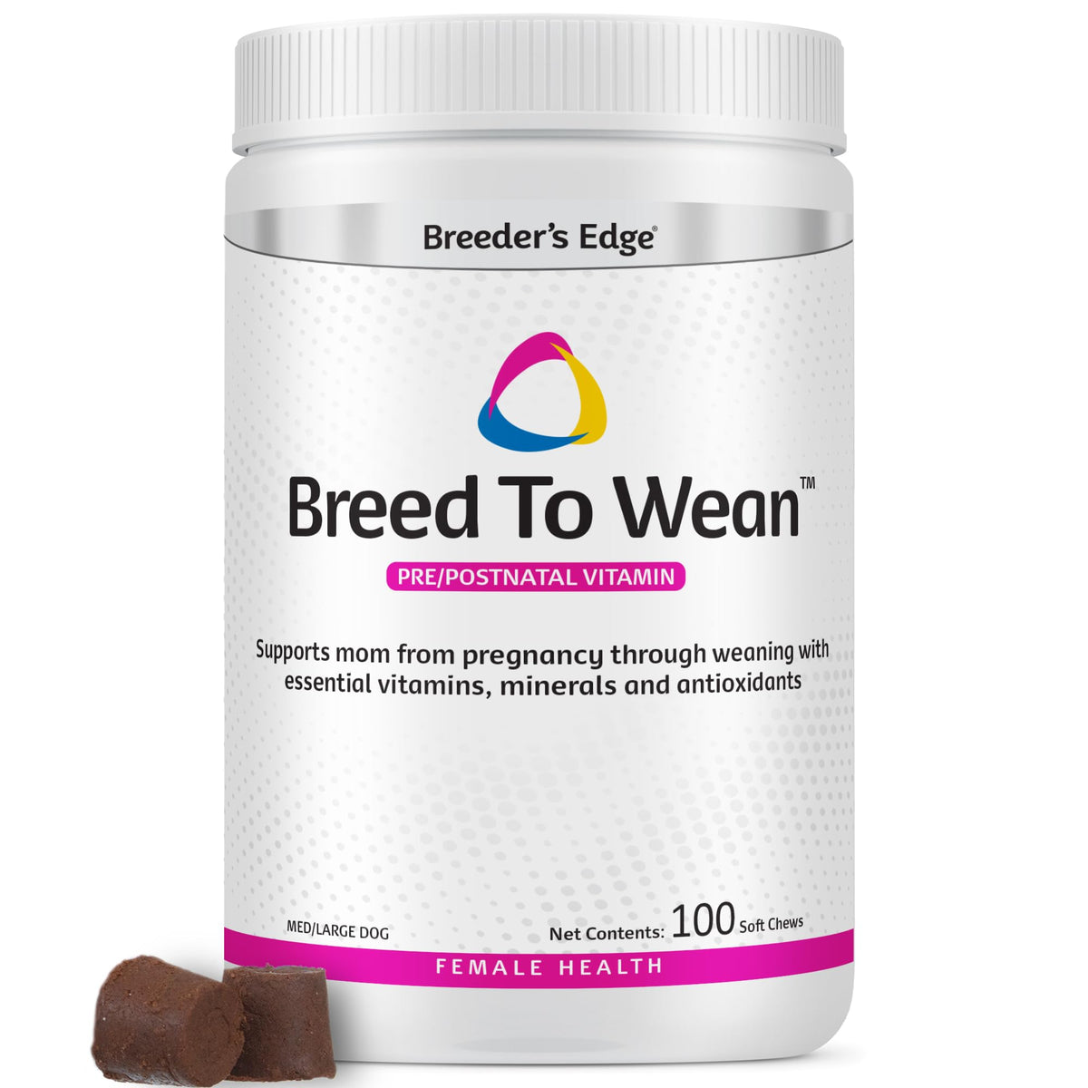 Breeder’s Edge Breed to Wean botella frontal: apoyo nutricional para madres gestantes.