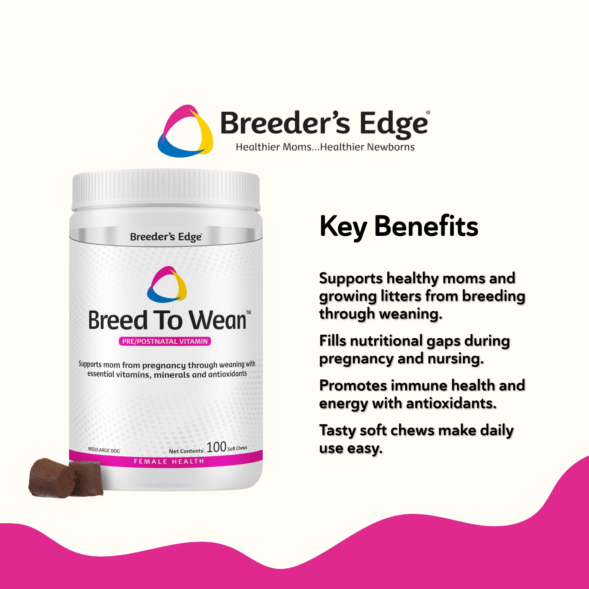 Breeder’s Edge Breed to Wean tabletas en una mano: dosificación fácil para perros y gatos.