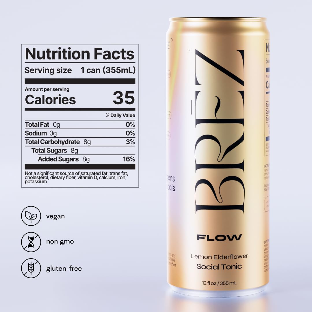 BRĒZ Flow: lata limón con flor de sauco para sabor refrescante.