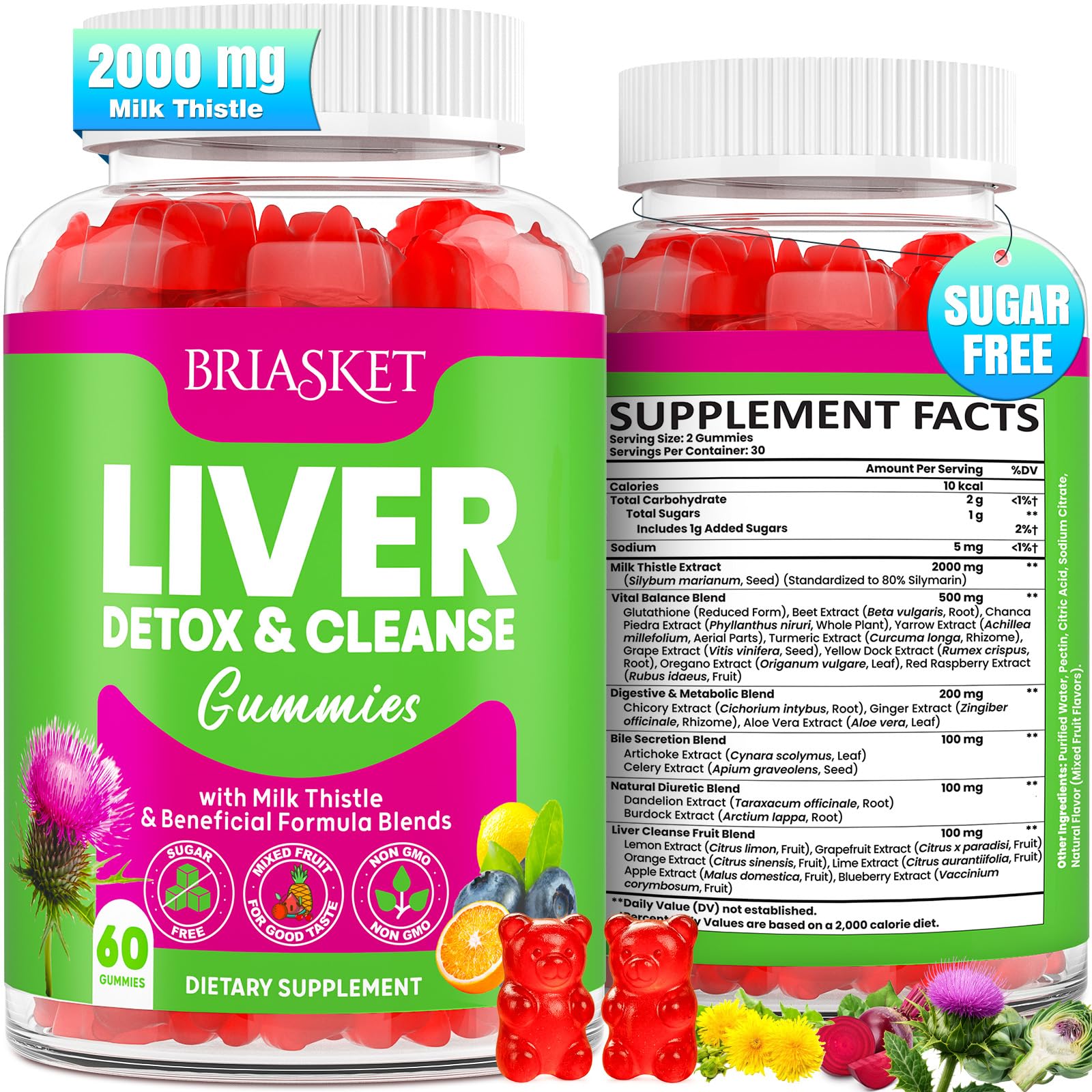 Briasket Detox Hepático, botella de gomitas, apoyo diario para la salud del hígado
