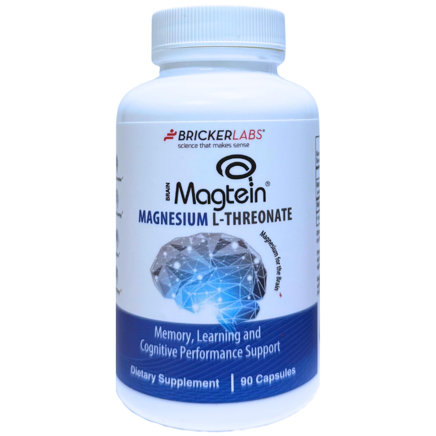 Bricker Labs Magtein: botella de cápsulas para apoyo cognitivo diario.