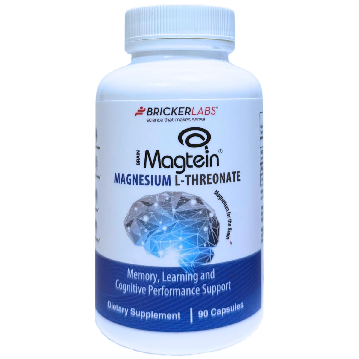Bricker Labs Magtein: botella de cápsulas para apoyo cognitivo diario.