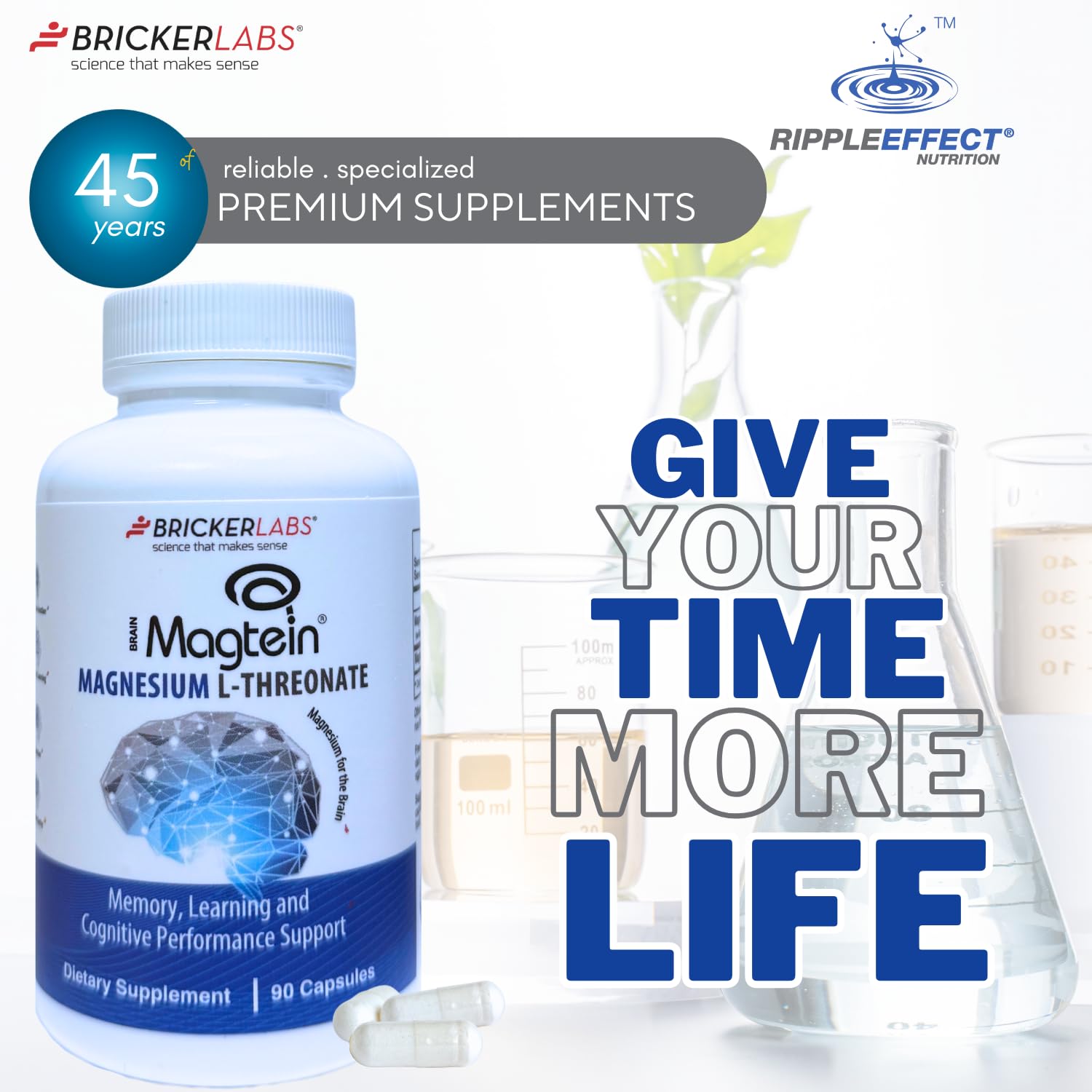Bricker Labs Magtein: empaque limpio y certificado, opción segura para uso a largo plazo.