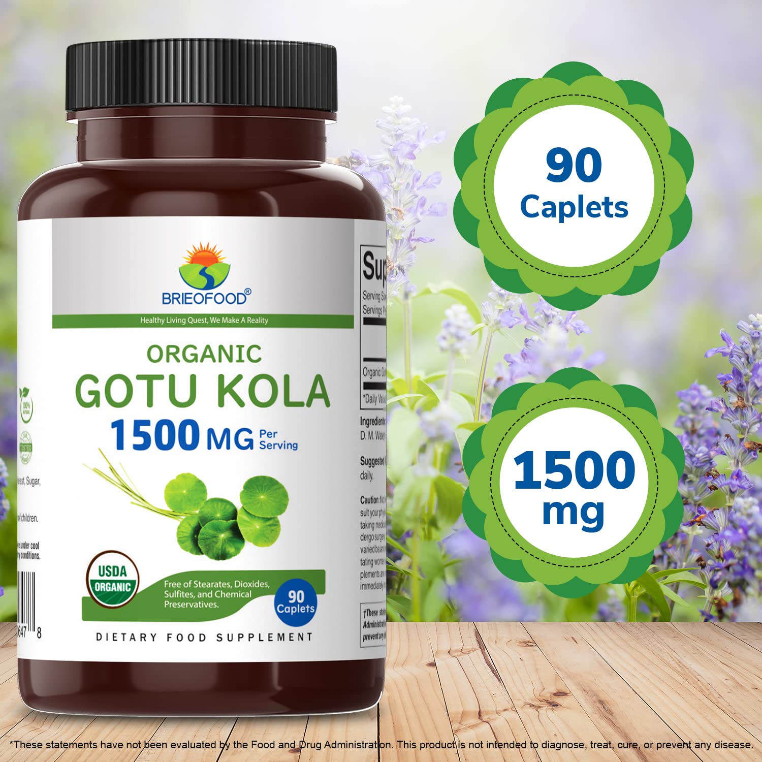 Brieofood Gotu Kola Orgánica, etiqueta certificada para transparencia y confianza.