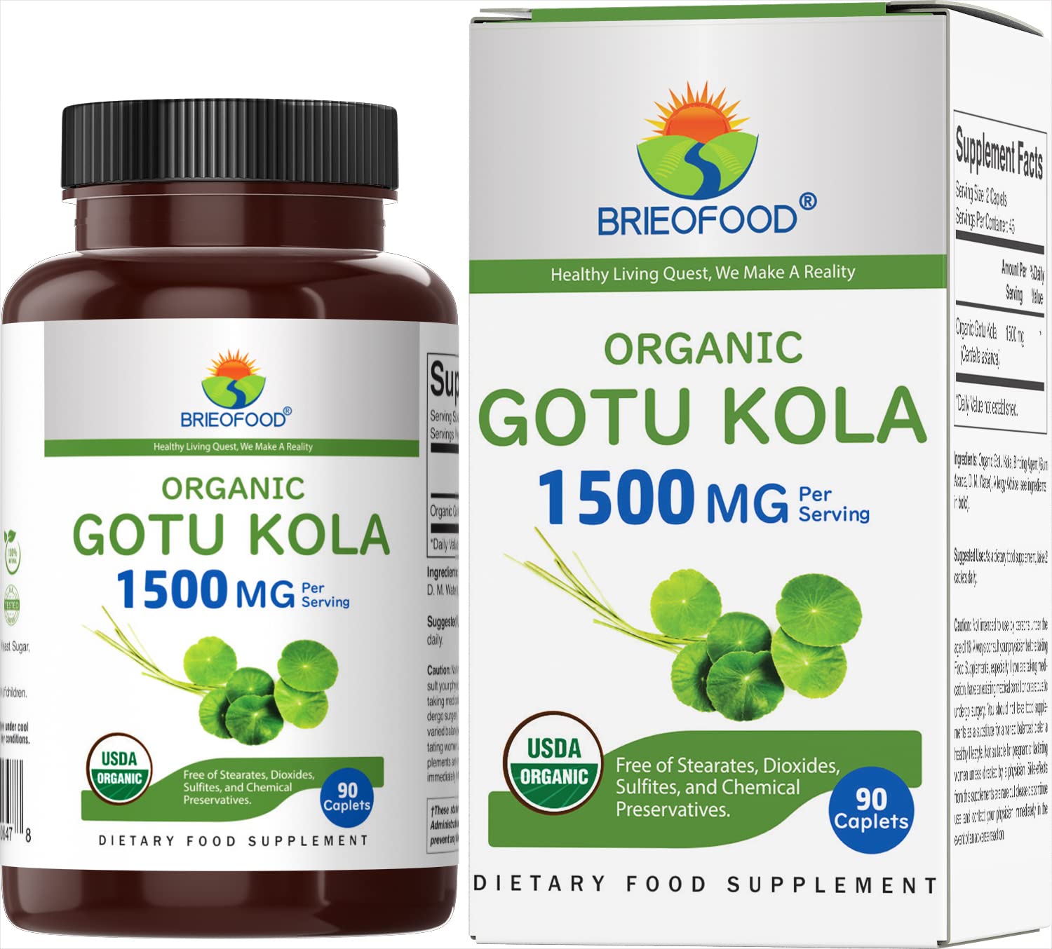 Brieofood Gotu Kola Orgánica 1500 mg en botella, apoyo a un estilo de vida saludable.