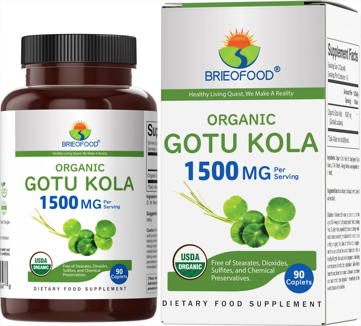 Brieofood Gotu Kola Orgánica 1500 mg en botella, apoyo a un estilo de vida saludable.