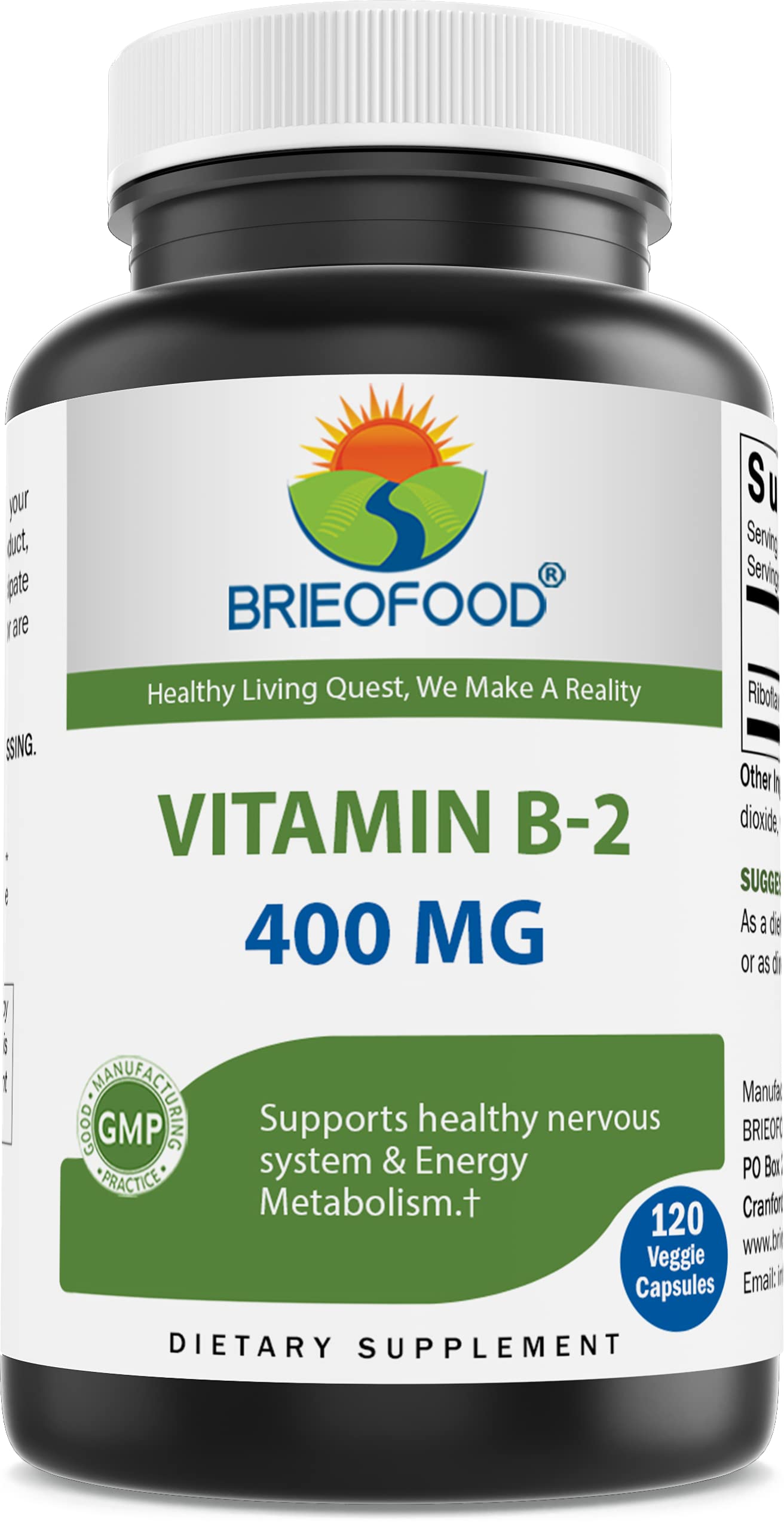 Brieofood Riboflavina 400 mg, botella de cápsulas veganas para energía diaria.