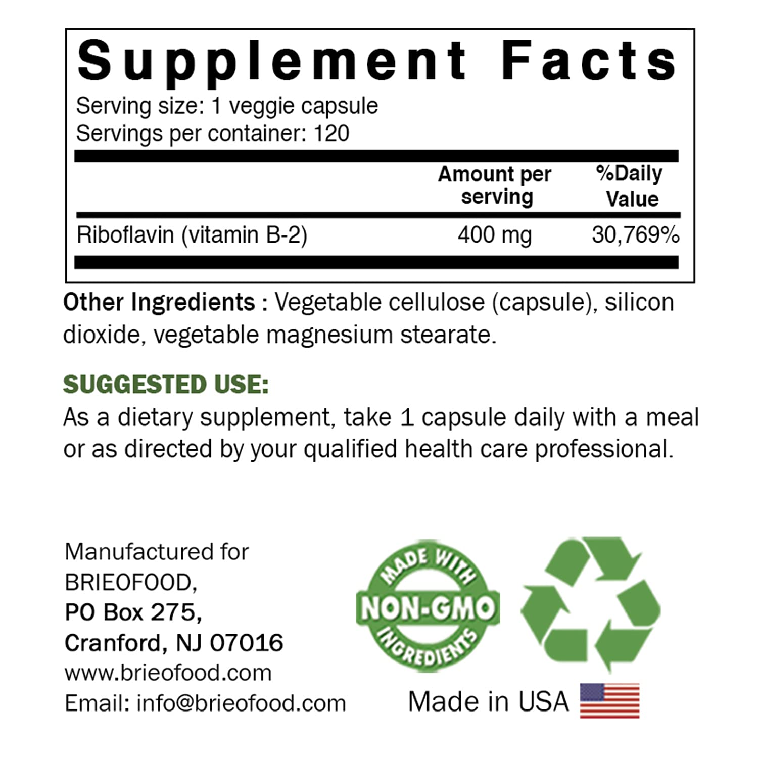 Brieofood Riboflavina 400 mg, cápsulas vegetales que apoyan el metabolismo.