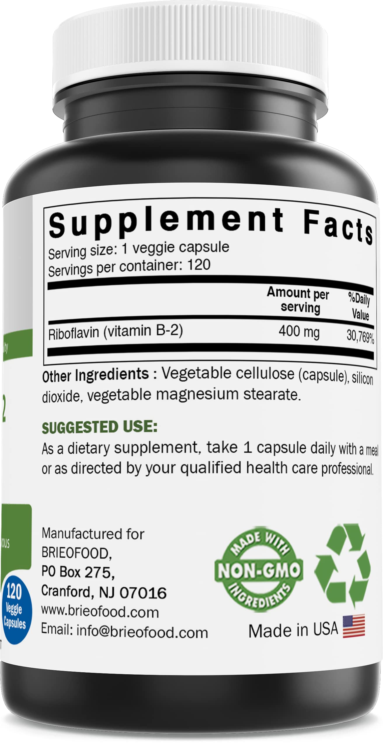 Brieofood Riboflavina 400 mg, etiqueta libre de gluten y OMG para dietas sensibles.