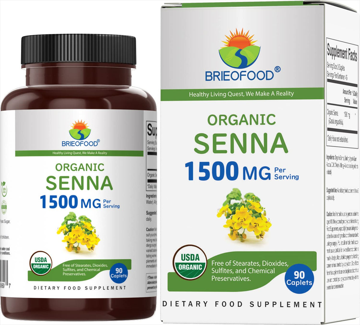 Brieofood Senna orgánico 1500 mg, 90 comprimidos vegetarianos para consumo diario