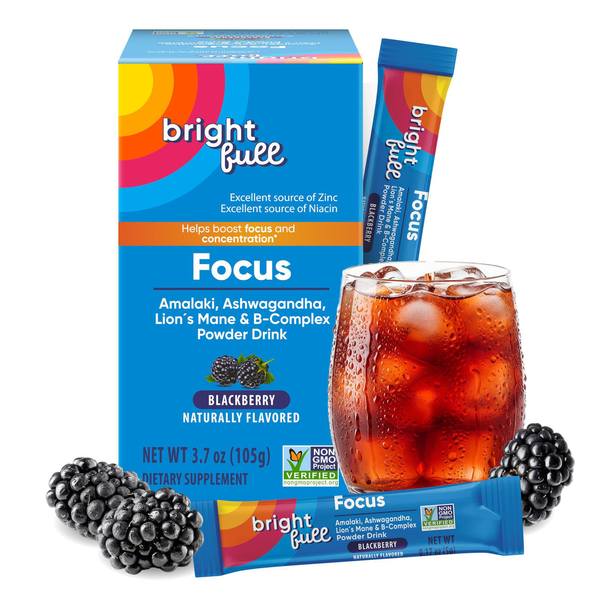 BRIGHTFULL Focus en botella vertiendo bebida de mora para claridad mental