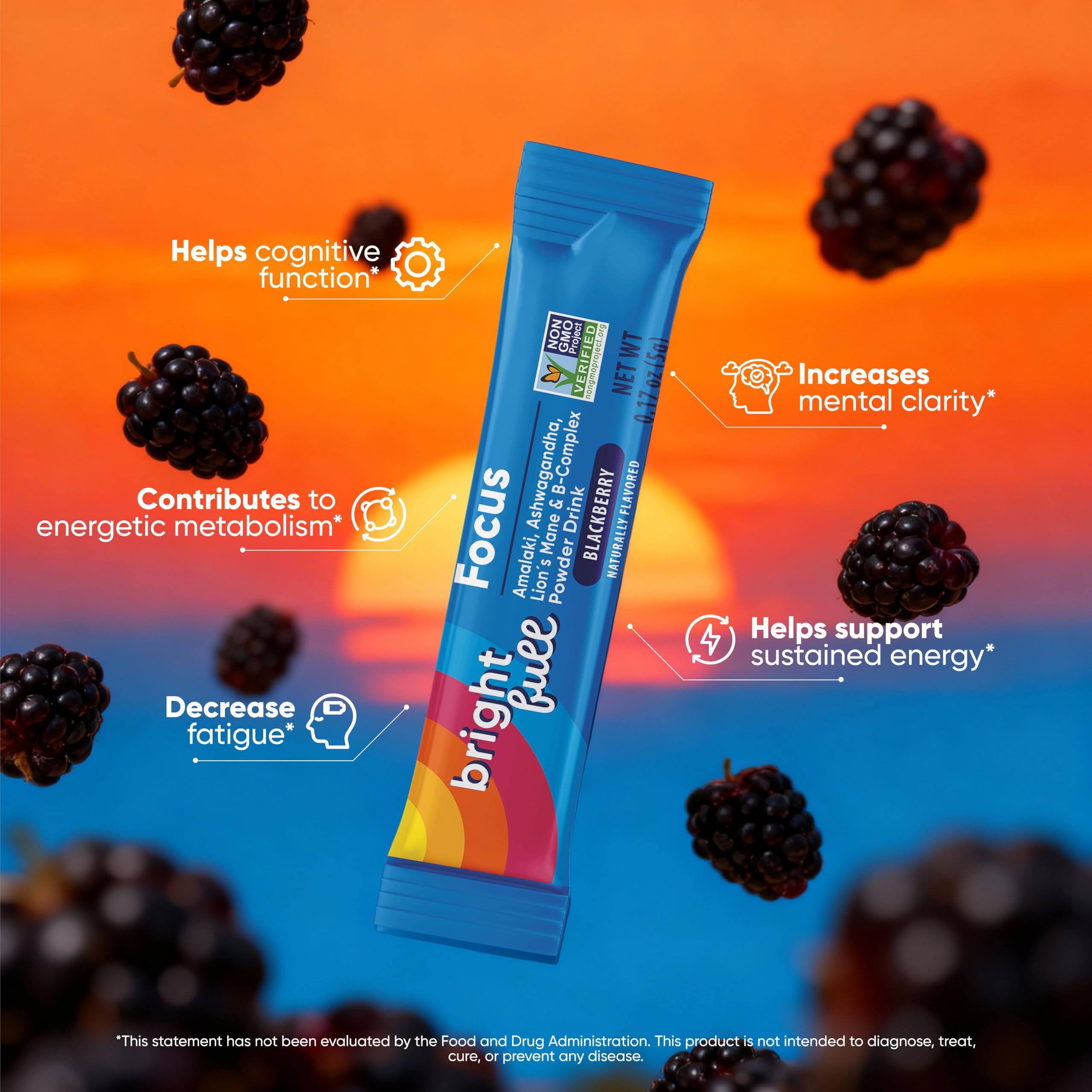 BRIGHTFULL Focus etiqueta mora, sabor refrescante sin azúcar
