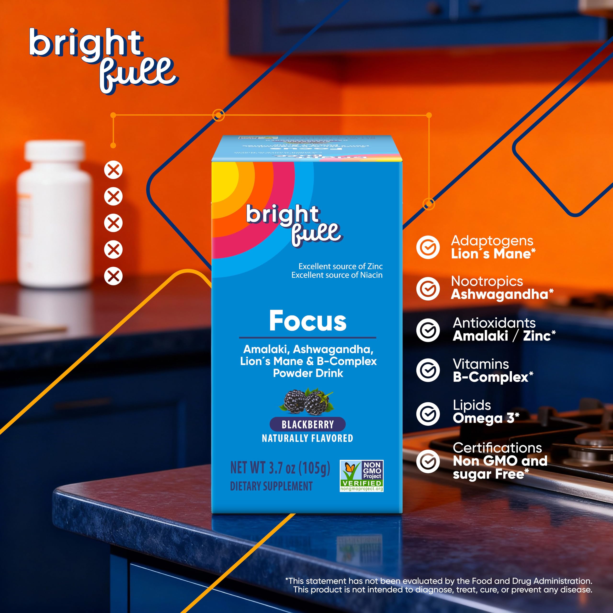 BRIGHTFULL Focus vaso con agua y mora, momento de foco diario