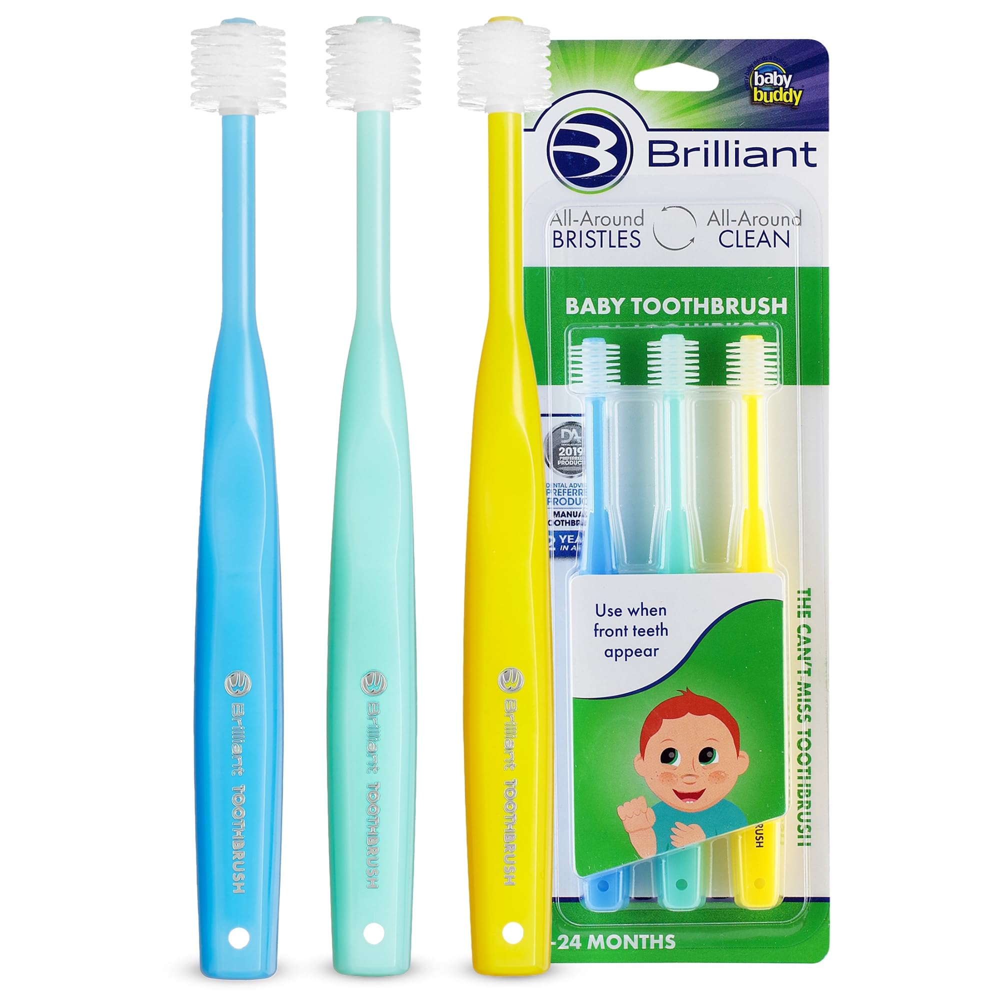 Brilliant bebe cepillo, cabeza redonda azul, para limpieza suave de dientes y encías