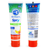 Brilliant pasta dental para niños, frente del envase, uso diario seguro sin fluor.
