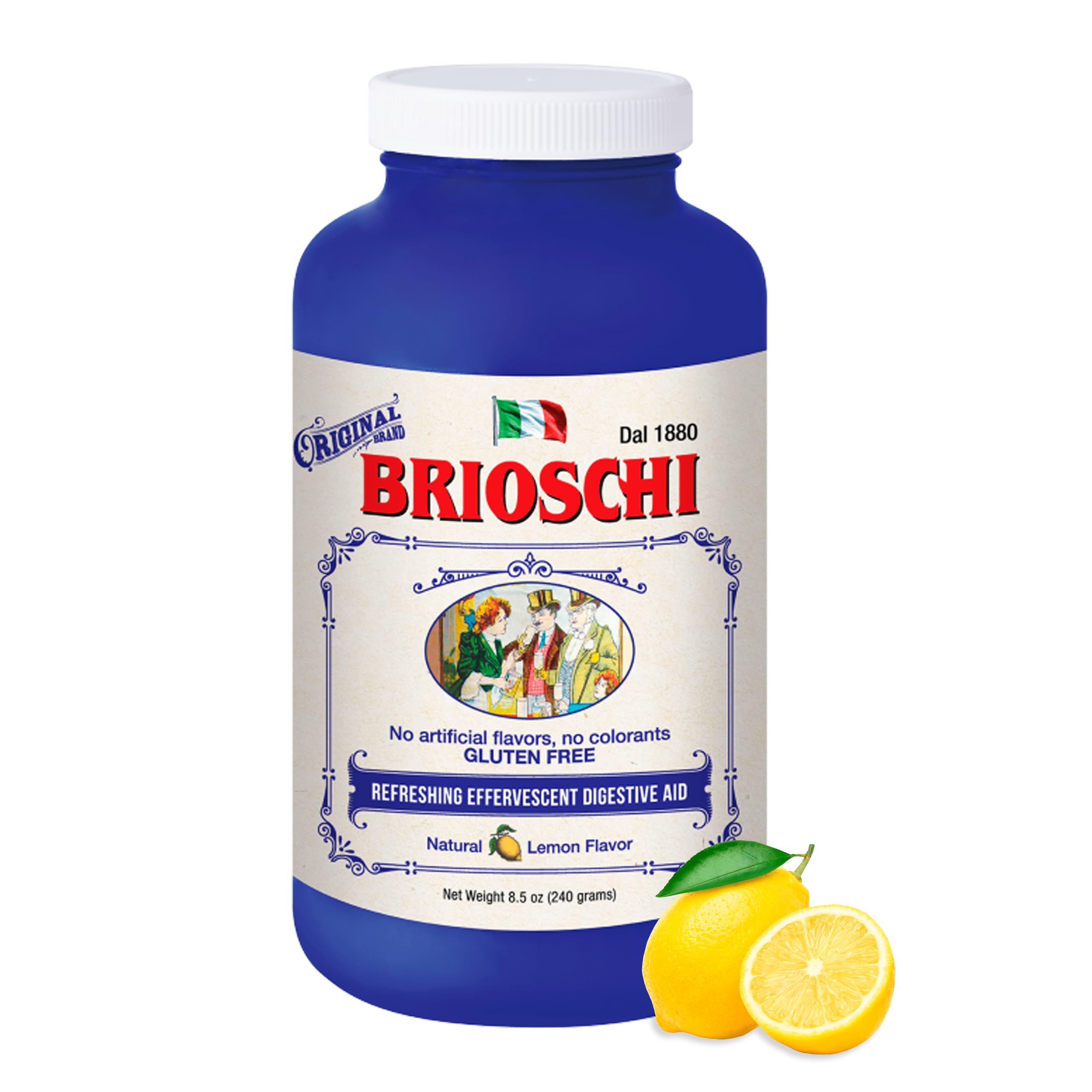 Botella de Brioschi Limón sobre la mesa, lista para uso diario ante malestar estomacal.