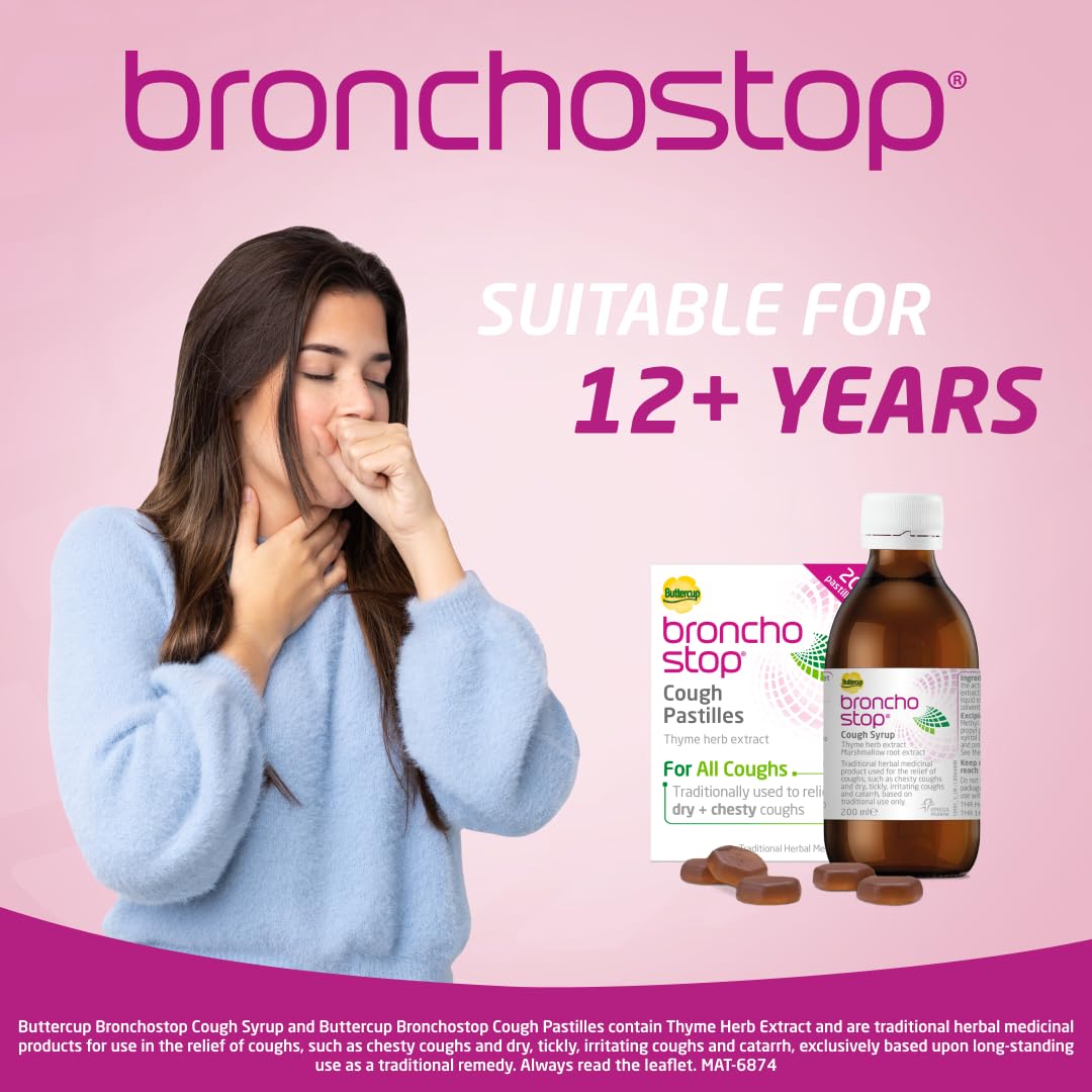 Bronchostop Buttercup Sirope, detalle de etiqueta y logo para confianza de compra.