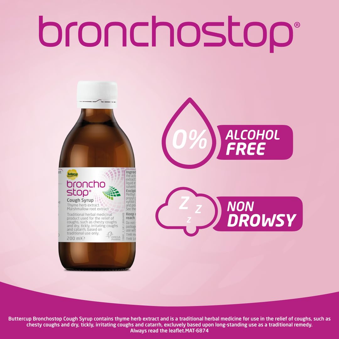 Bronchostop Buttercup Sirope, empaque en caja para almacenamiento en botiquín.