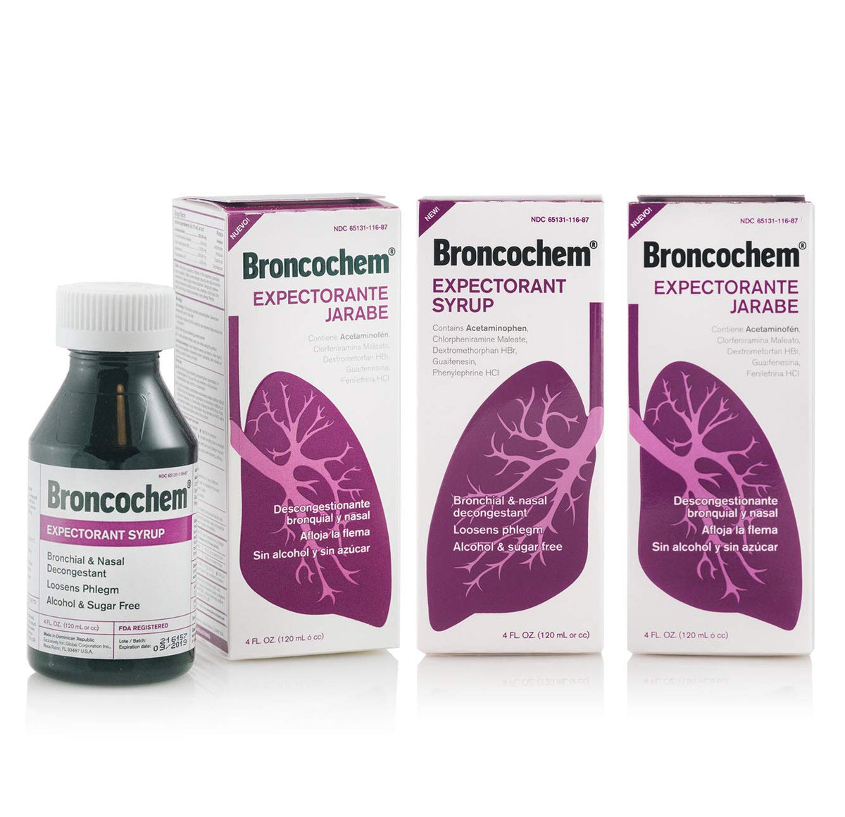 Broncochem jarabe expectorante II: botella visible, facilita despeje de secreciones y alivio de congestión.