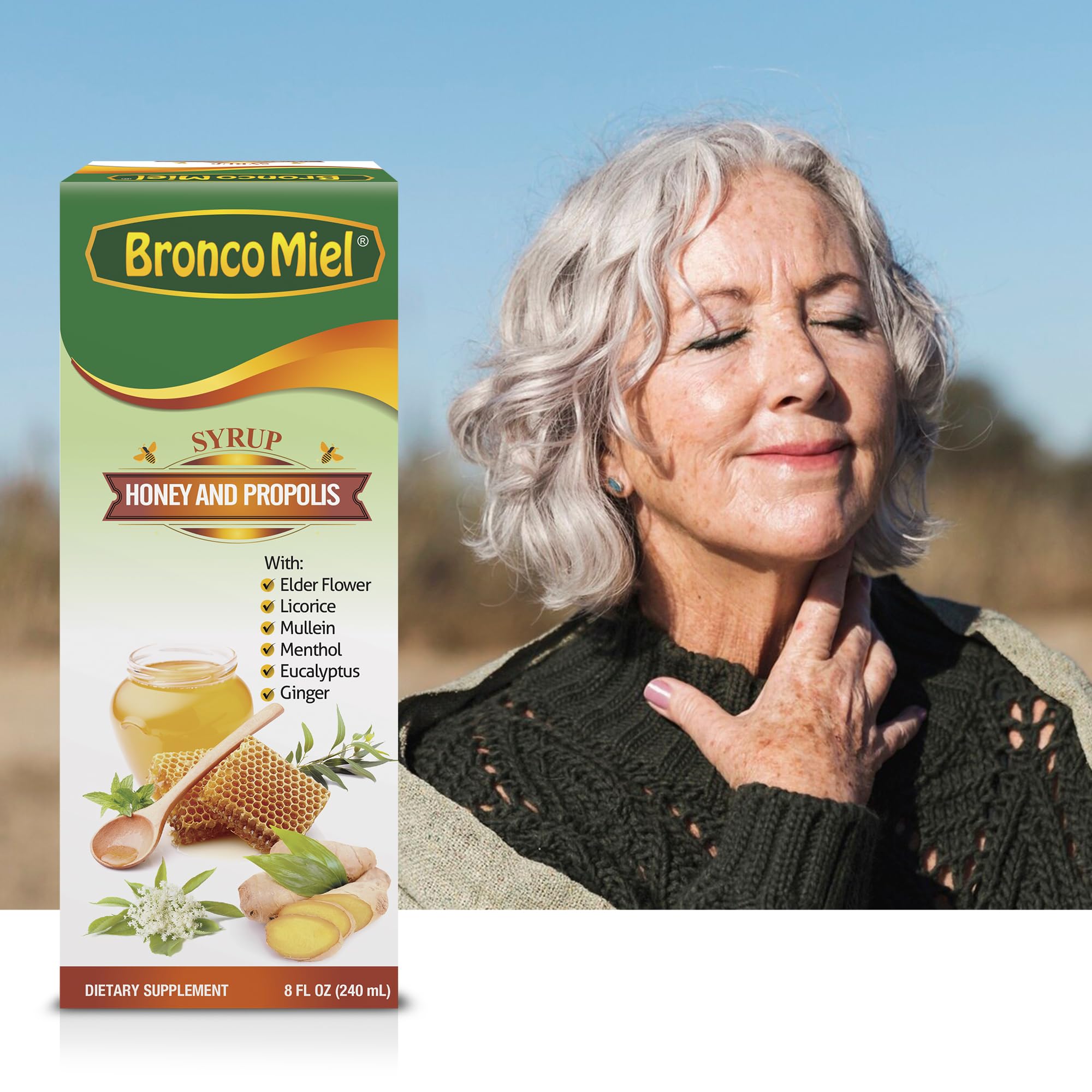 Etiqueta de BRONCOMIEL con jarabe miel-propóleos y flor de sauco en primer plano.