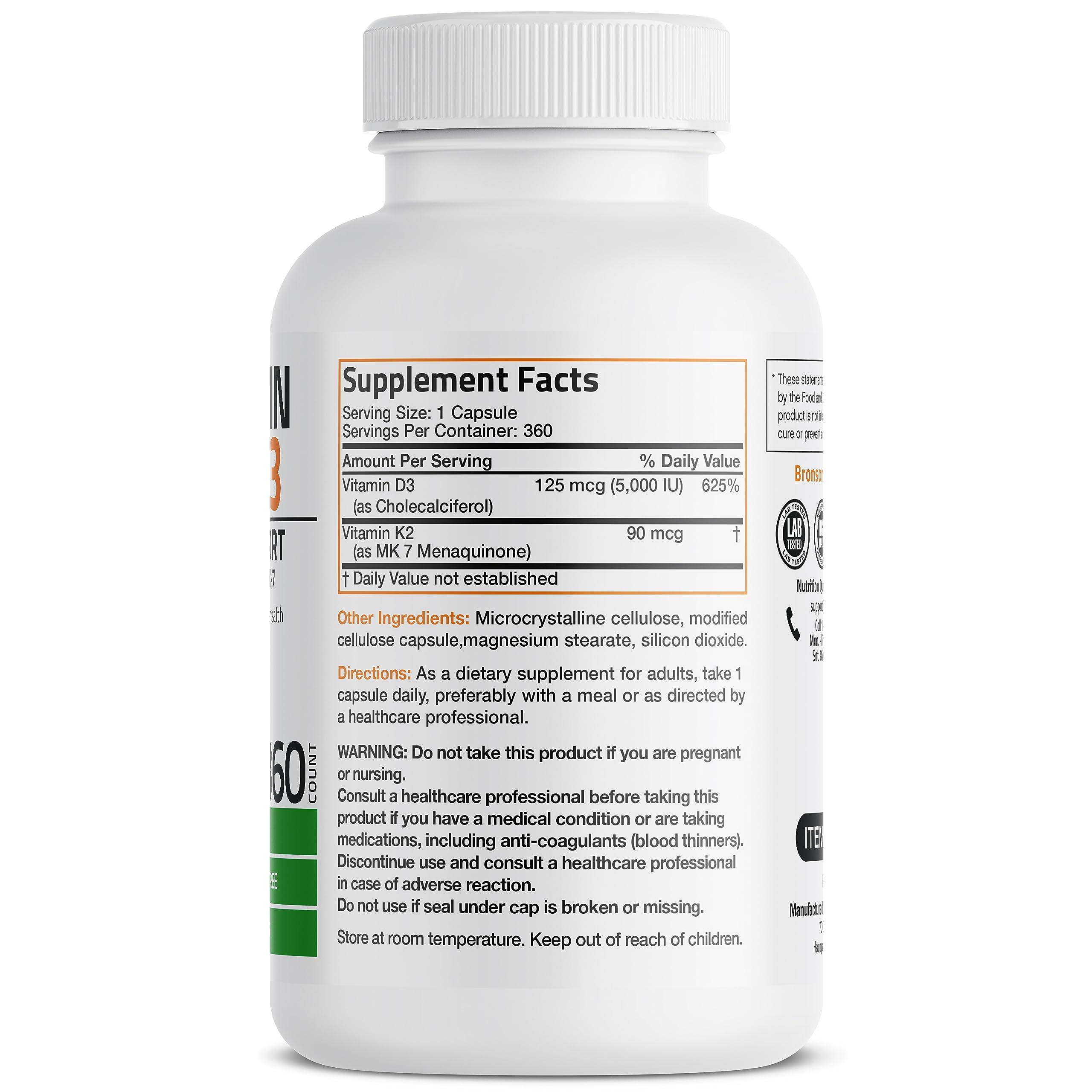 Bronson Vitamina K2 MK7 con D3, cápsulas para equilibrio óseo.
