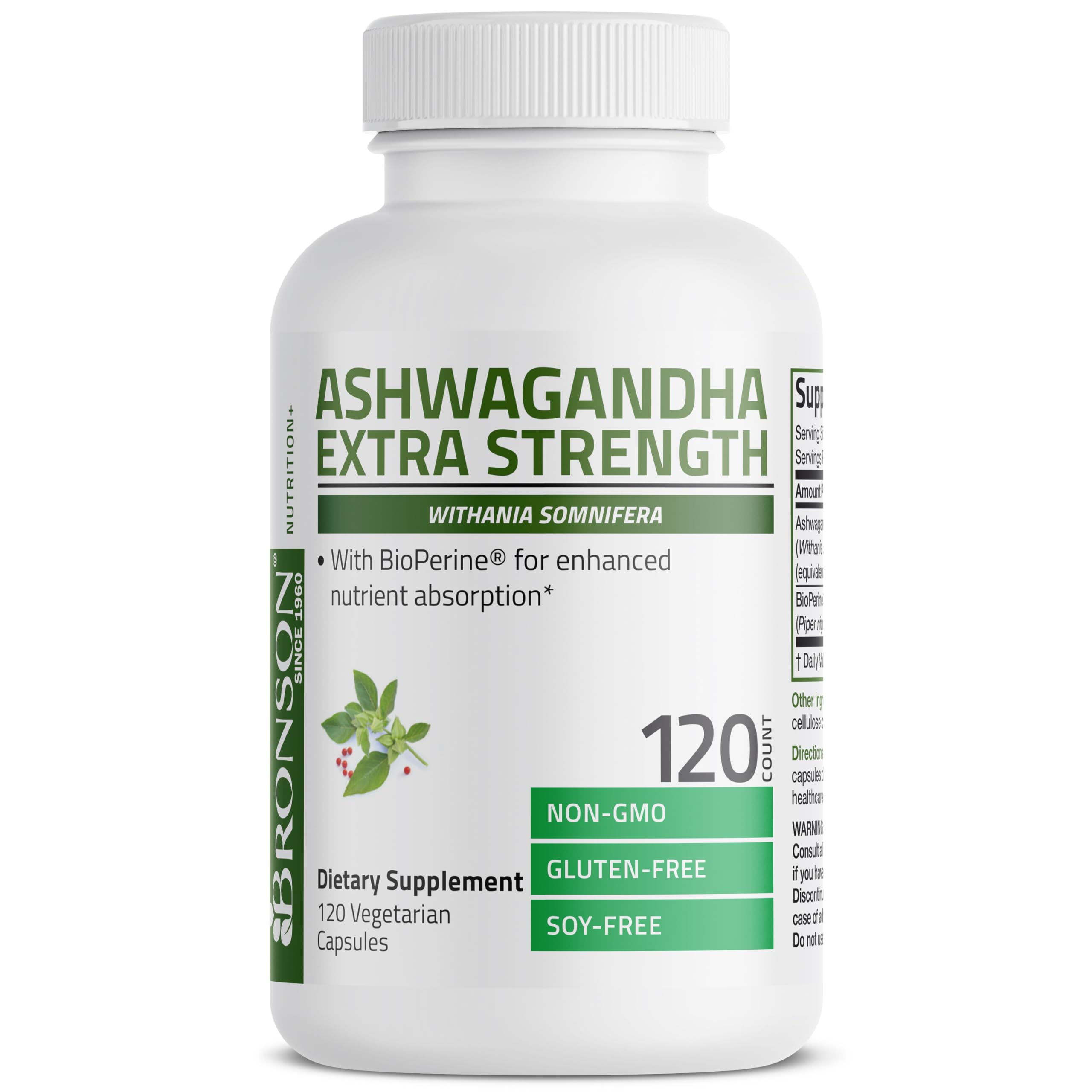 Bronson Ashwagandha, etiqueta frontal: información clara para elegir suplementos.