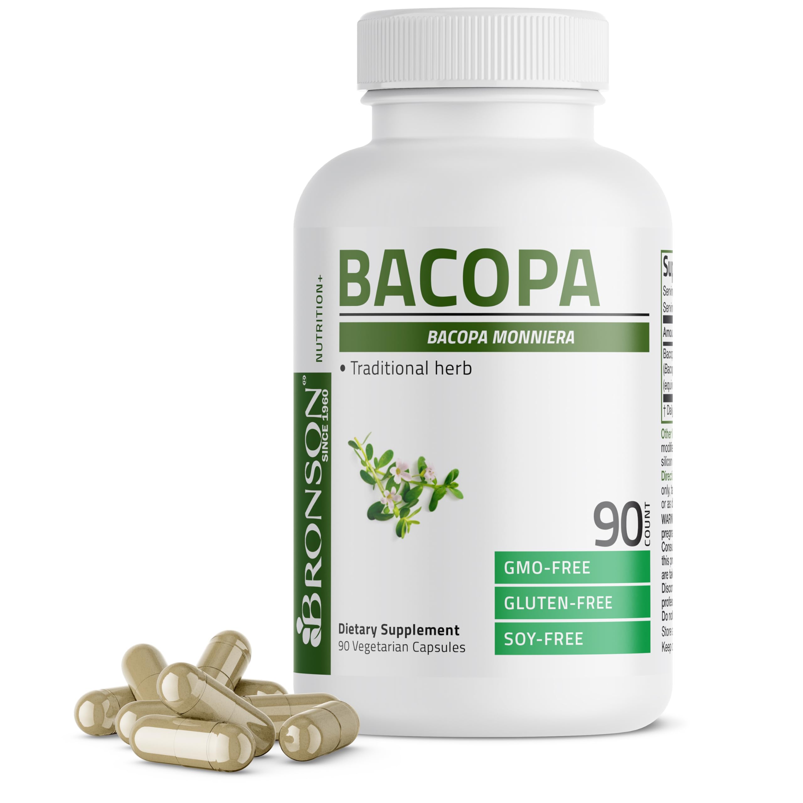 Bronson Bacopa: botella de cápsulas veganas para apoyo mental diario.