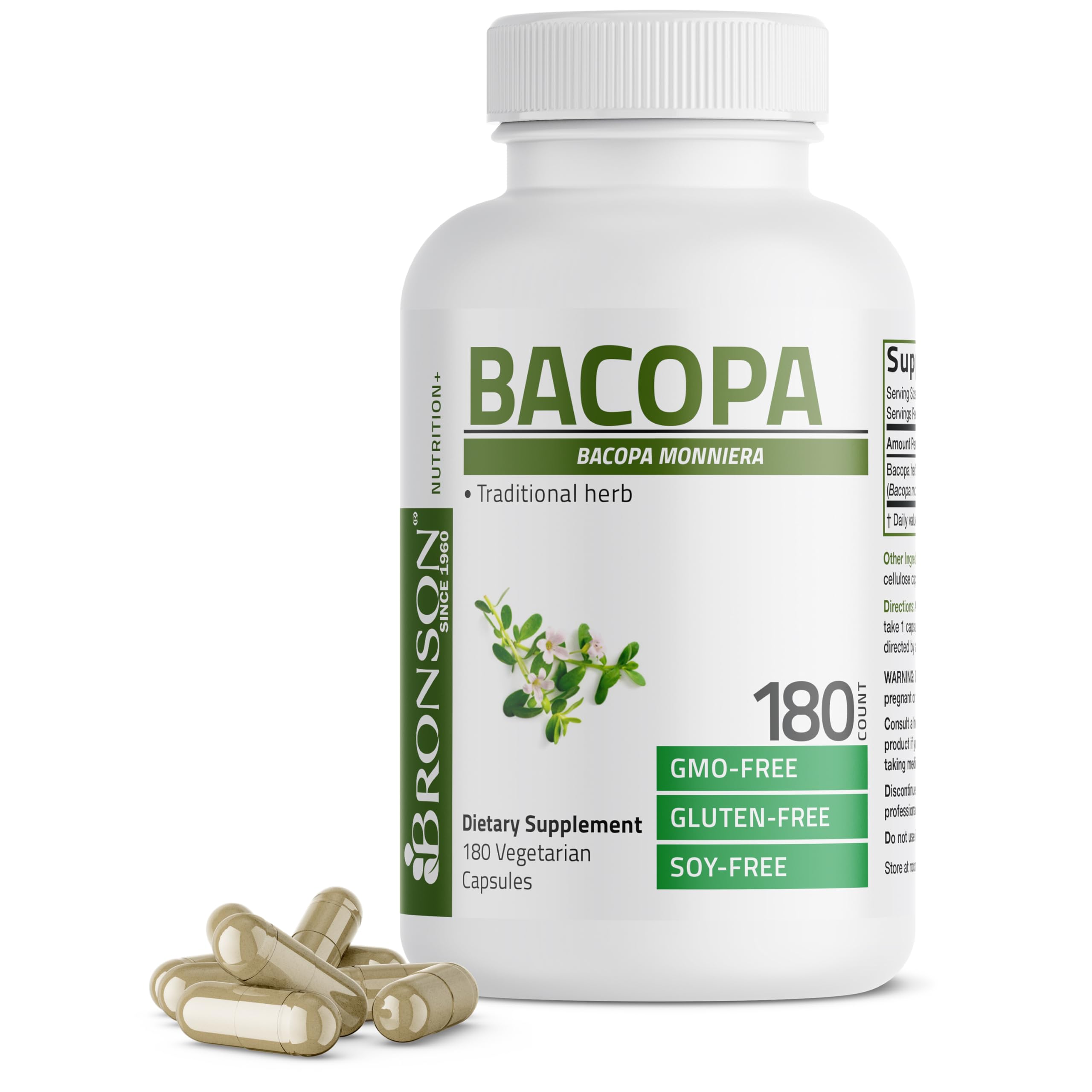 Bronson Bacopa, cápsulas en bote, posible apoyo a la claridad mental