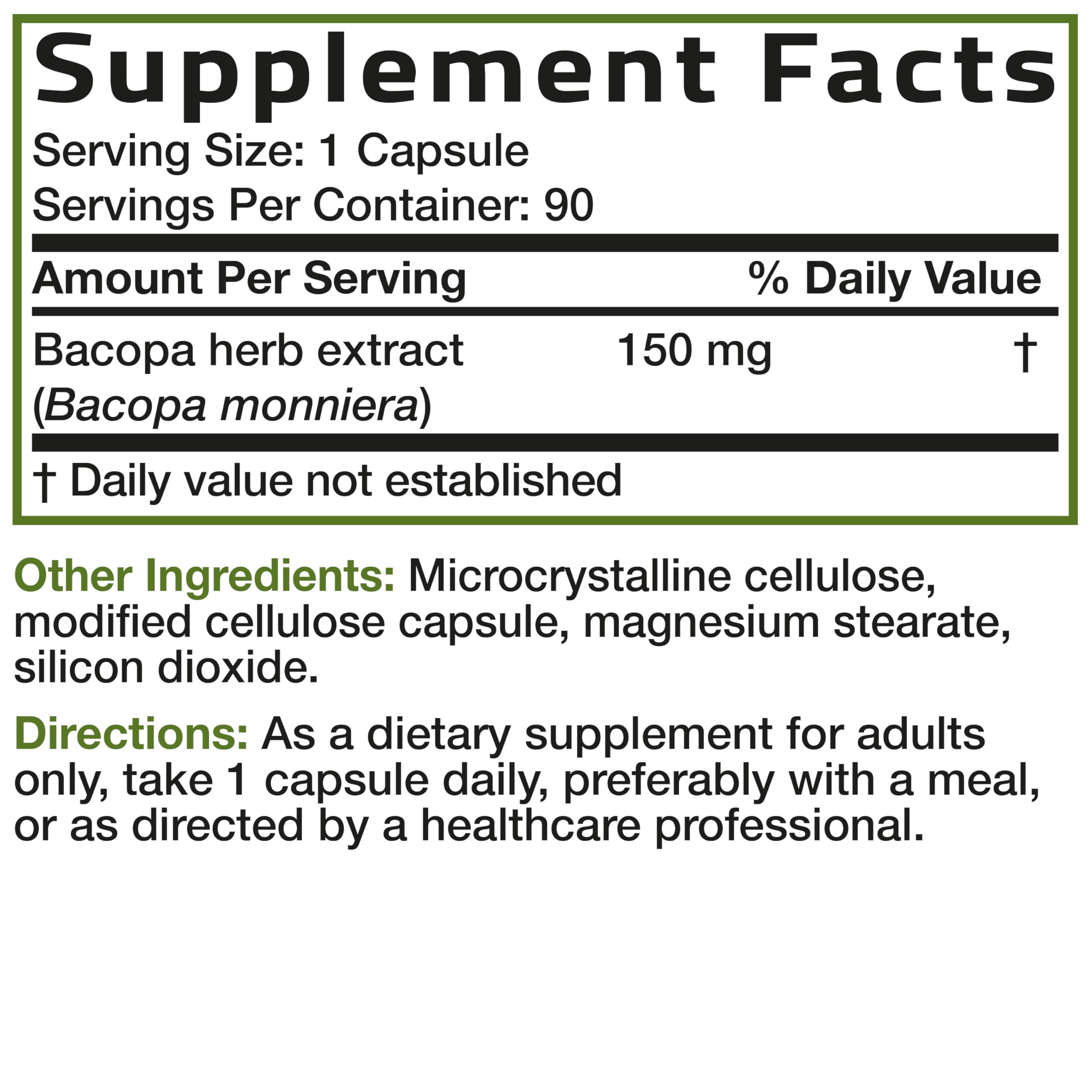 Bronson Bacopa: cápsulas veganas sin modificaciones genéticas para tranquilidad diaria.