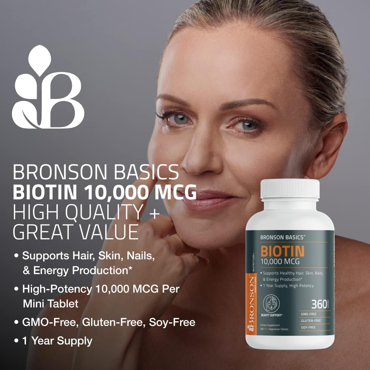 Bronson Biotina botella dosificación: fácil de tomar para energía diaria.