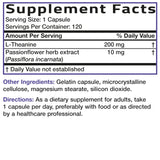 Bronson L-Theanine 200 mg, botella destacando calidad y seguridad sin gluten ni soja.