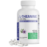 Bronson L-Theanine 200 mg, botella de cápsulas, posible apoyo para la gestión del estrés diario.