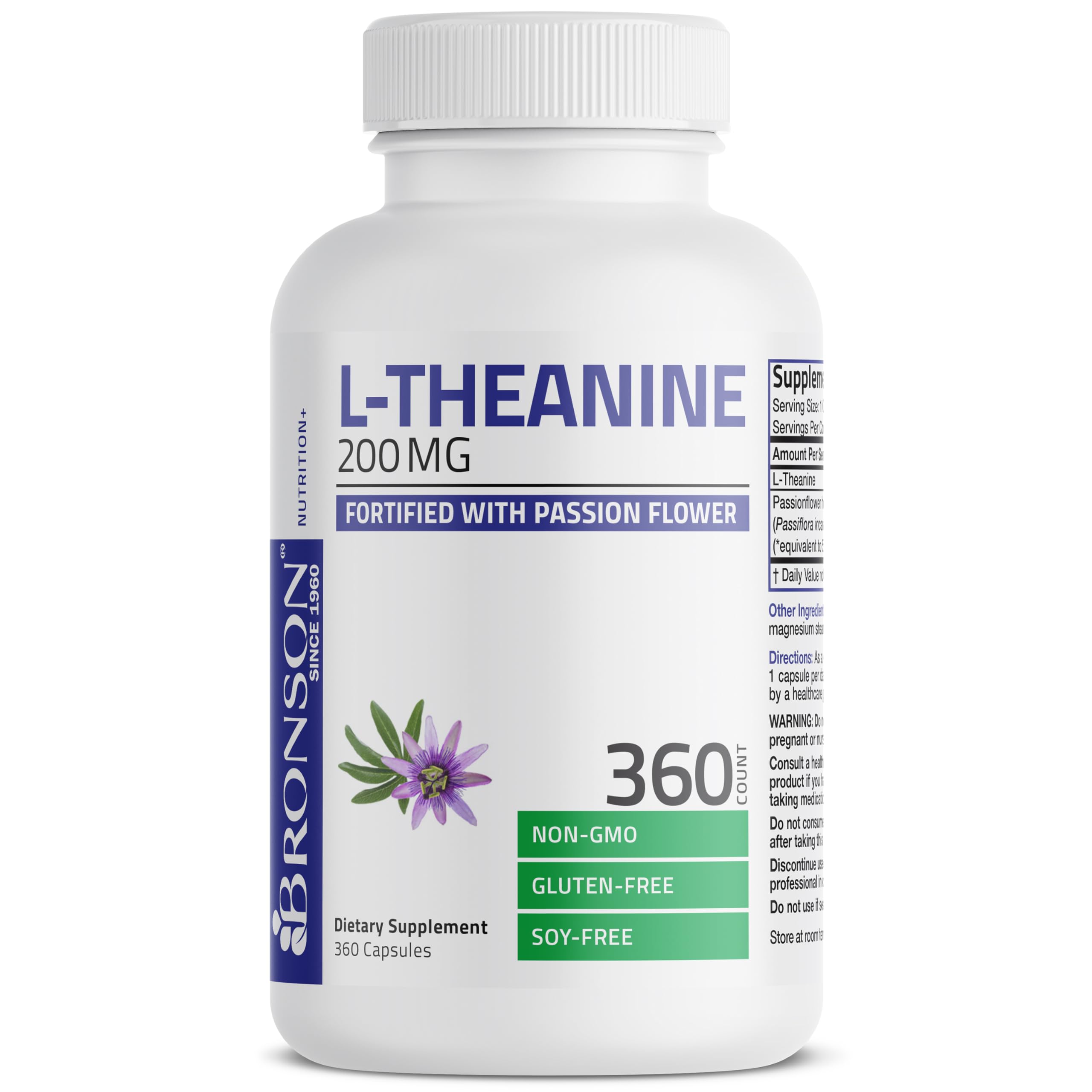 Bronson L-Theanine 200mg: botella frontal para apoyo en relajación sin somnolencia.