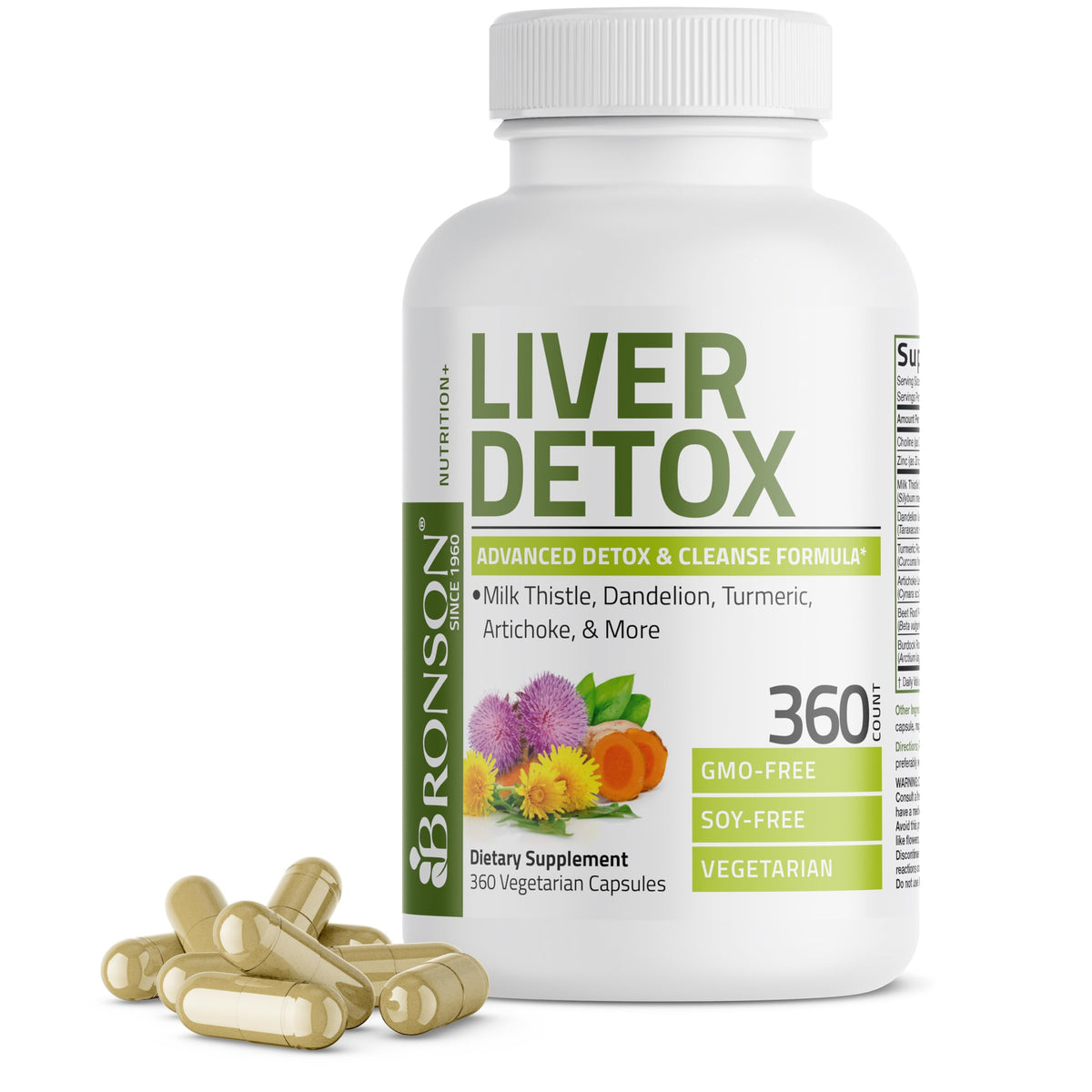 Bronson Liver Detox – botella de cápsulas para apoyo hepático suave y natural.