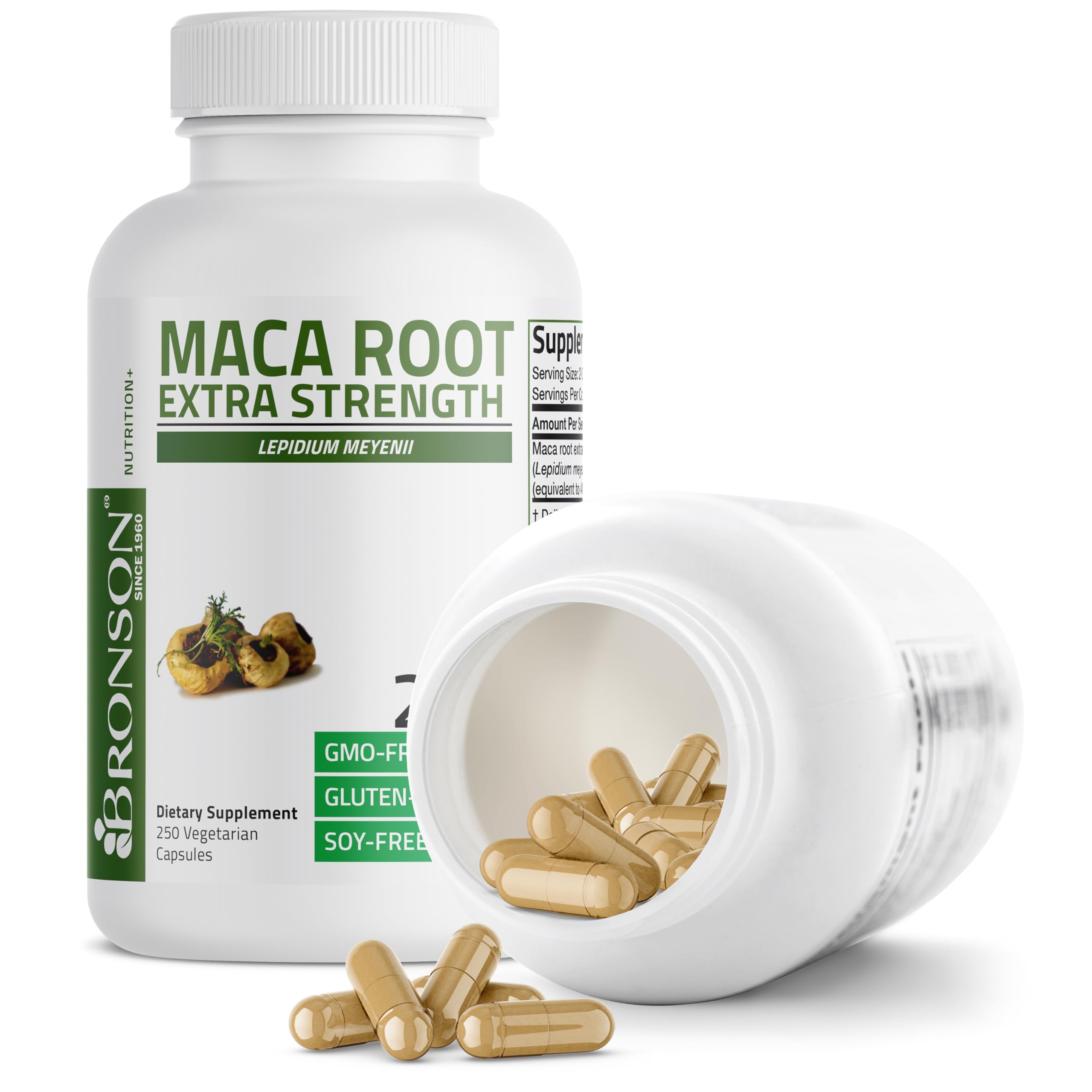 Bronson Maca raíz extra composición: fórmula sin OGM, sin gluten ni soja.