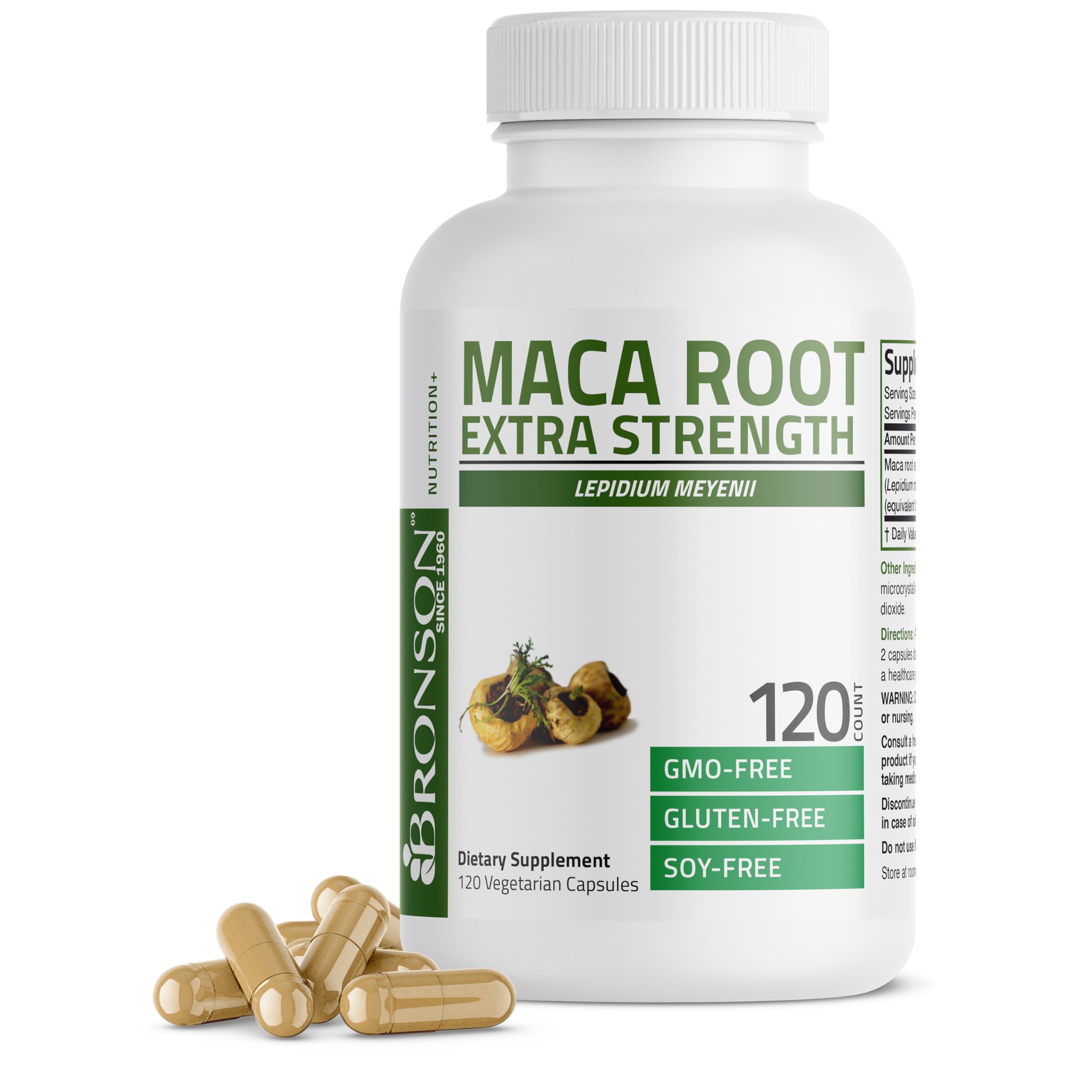 Bronson Maca Root Extra frasco frente, energía sostenida para el día a día.
