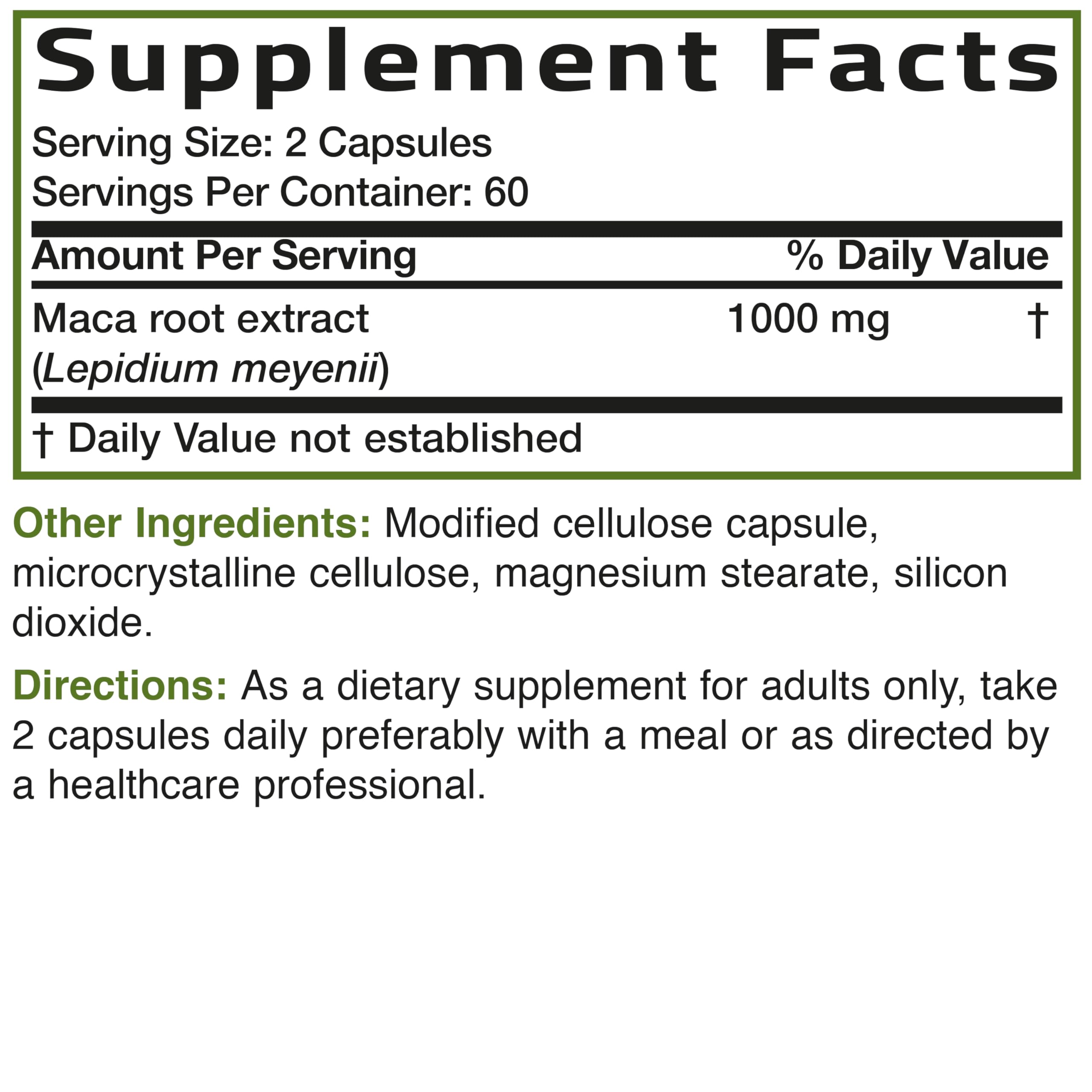 Bronson Maca Root Extra caja con información de ingredientes y usos.