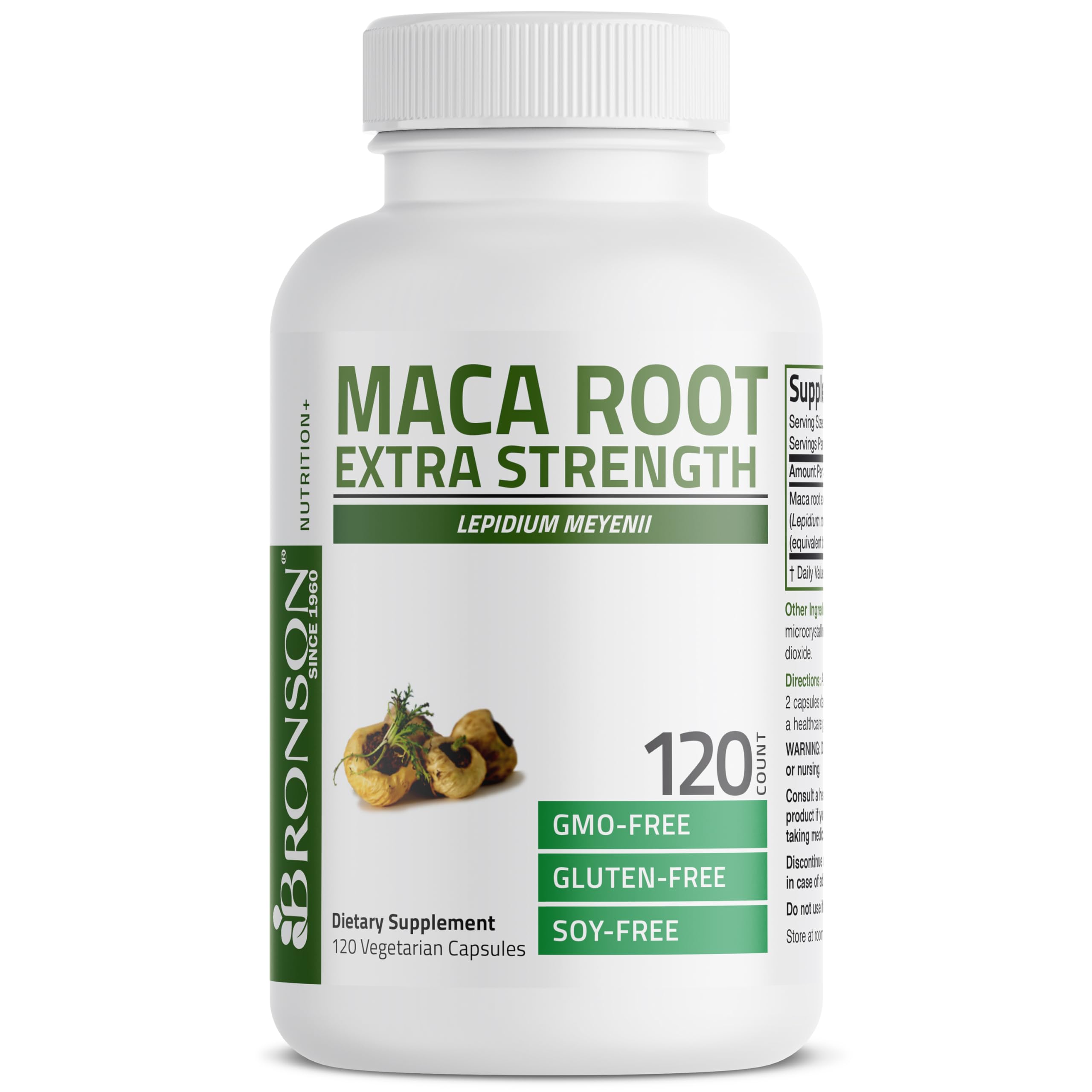 Bronson Maca Root Extra cápsulas en mano para uso práctico.