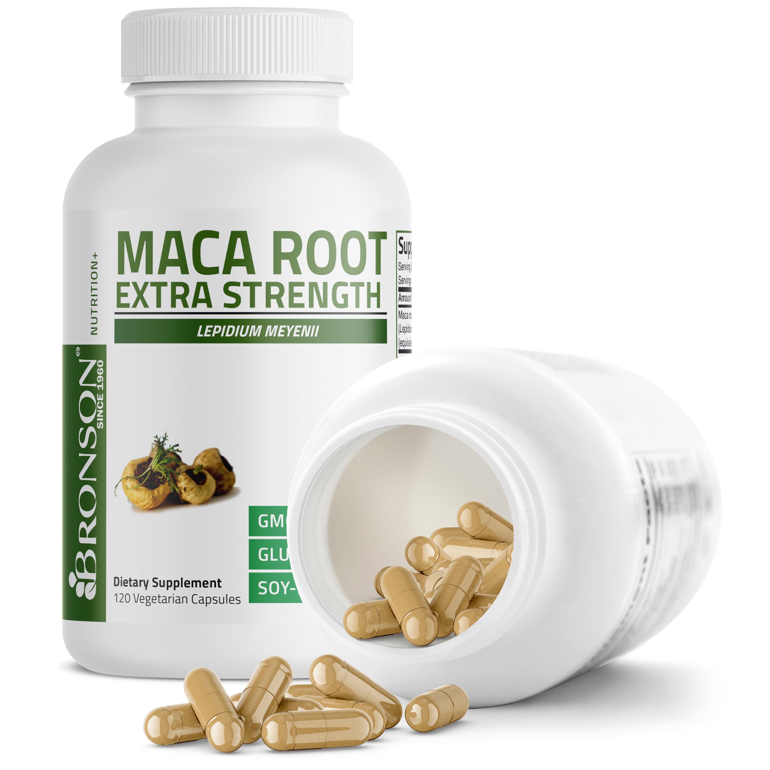 Bronson Maca Root Extra detalle de dosis para facilitar consumo.