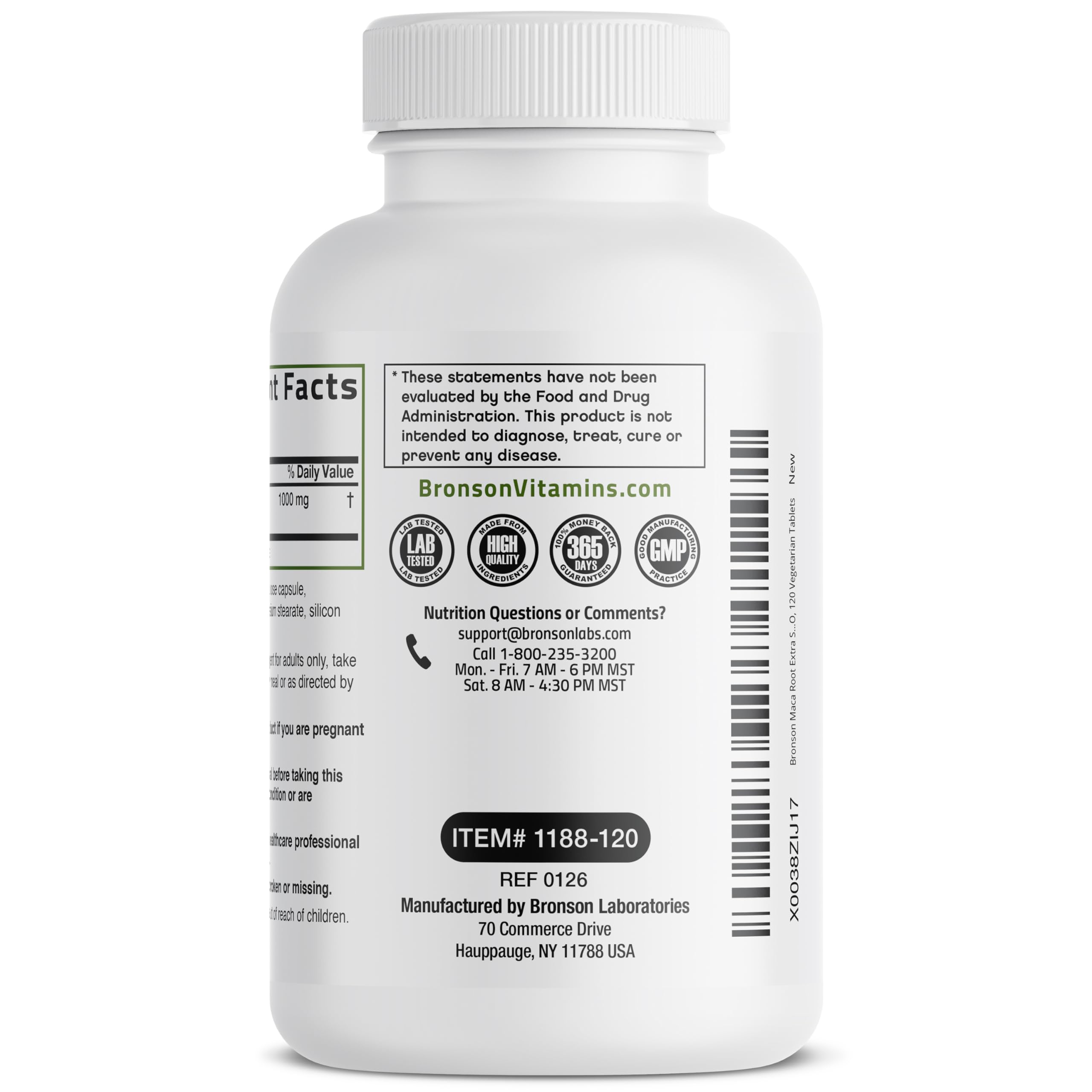 Bronson Maca Root Extra frasco y etiquetas reflejan control de calidad.