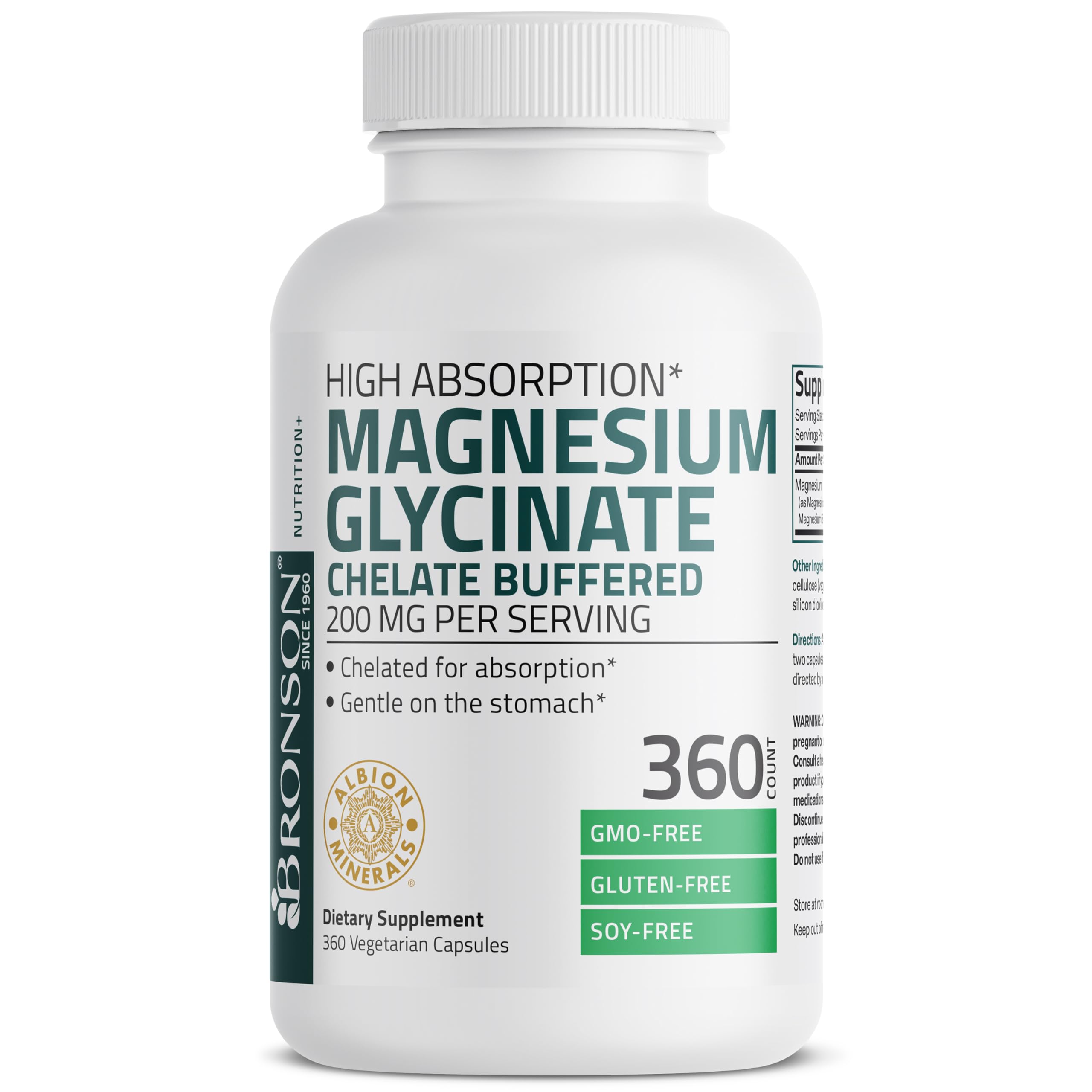 Bronson Glicinato de magnesio, libre de organismos modificados, opción segura para dietas.