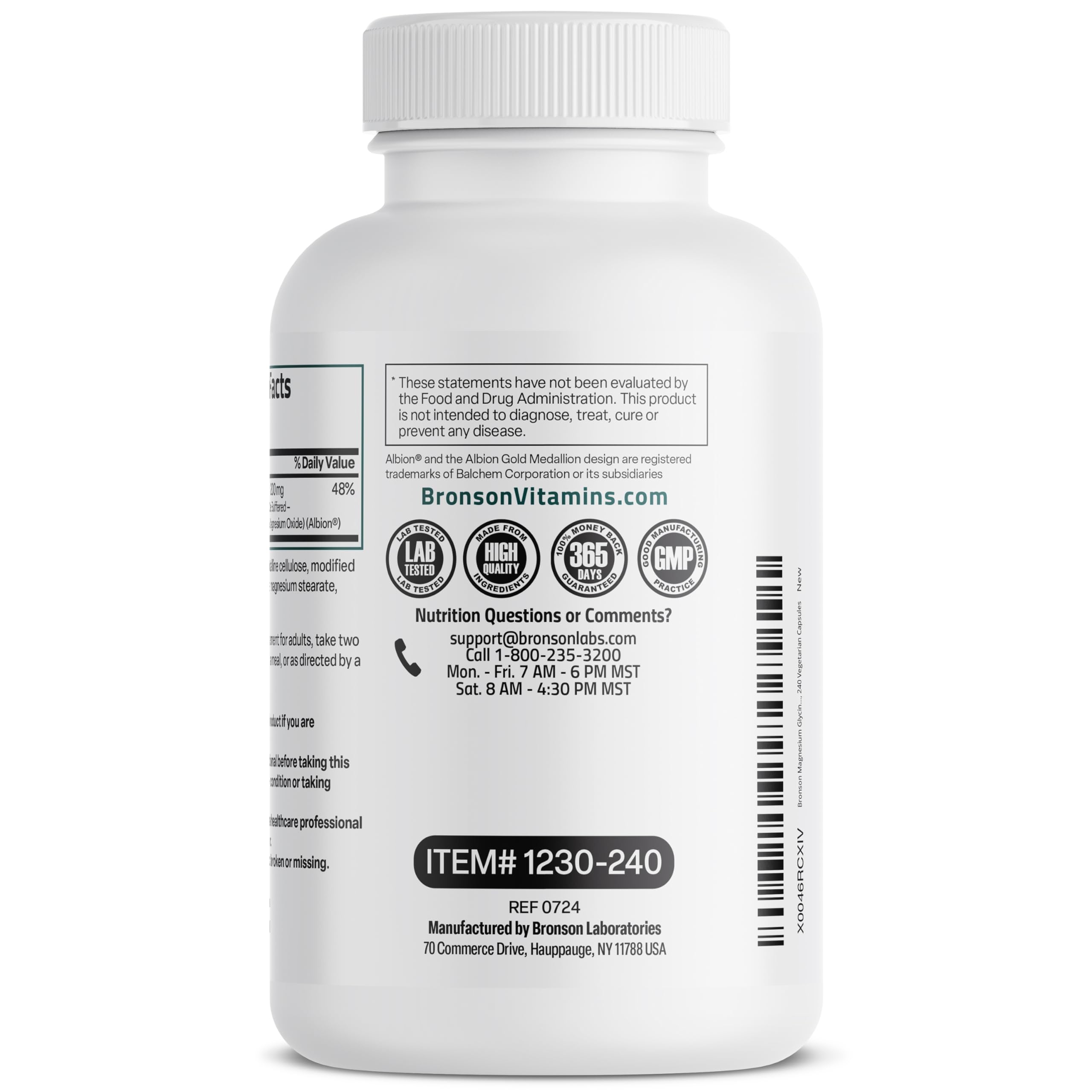 Bronson Magnesio Glicinato: libre de gluten para dietas específicas.