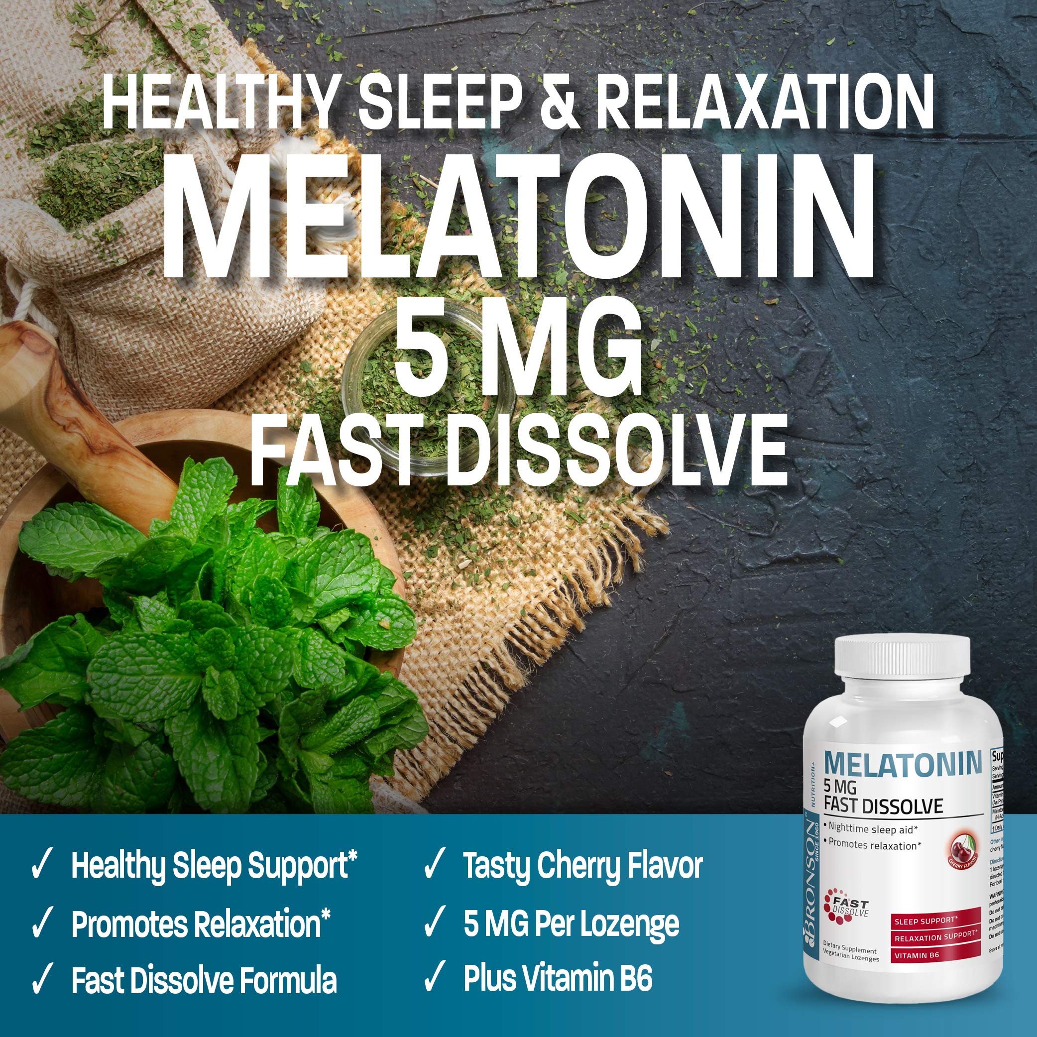Bronson Melatonina 5 mg, envase de vidrio con etiqueta clara para identificacion facil