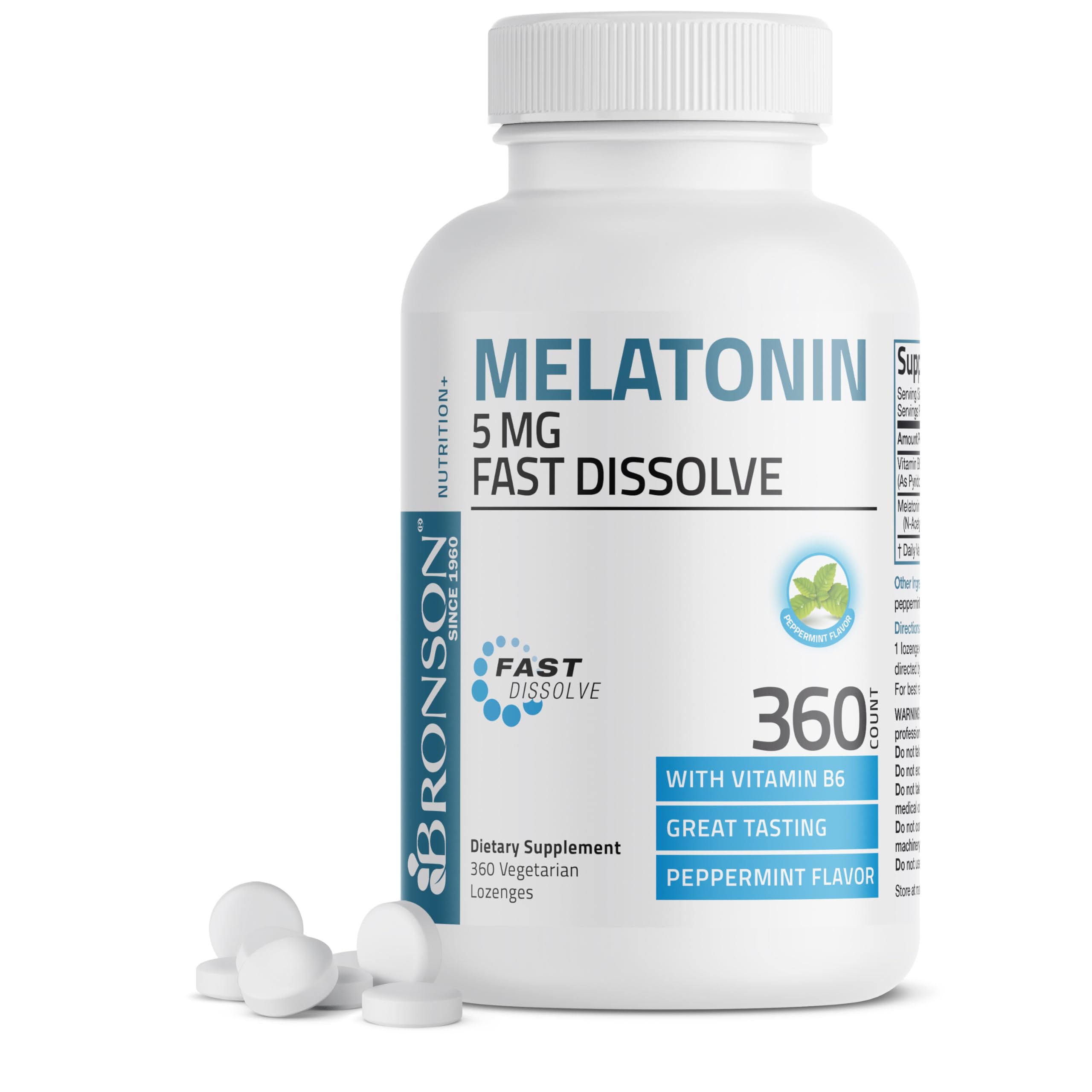 Bronson Melatonina 5 mg, tableta masticable de menta, apoyo a la relajación nocturna.