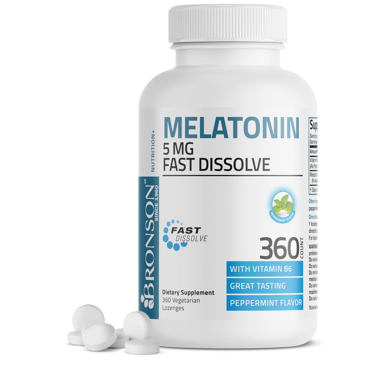 Bronson Melatonina 5 mg, tableta masticable de menta, apoyo a la relajación nocturna.